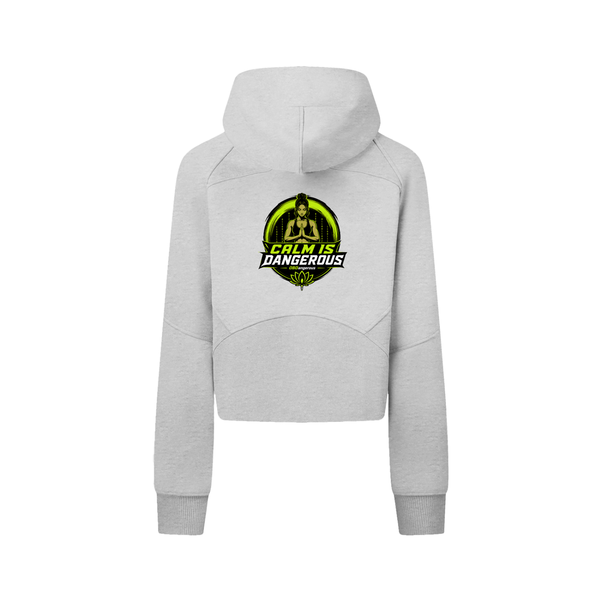 ODMPOD Calm Is Dangerous cropped zip-through hoodie, black with front pocket and hood, casual streetwear style.