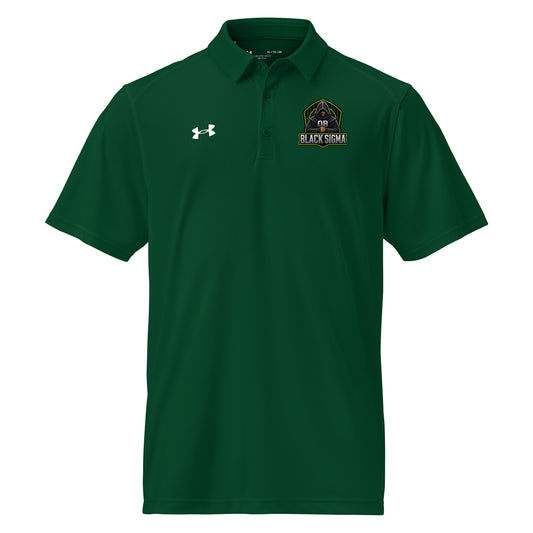 Black Under Armour men's polo shirt with embroidered Sigma OBDANGEROUS logo, designed for gym, street, and casual wear.