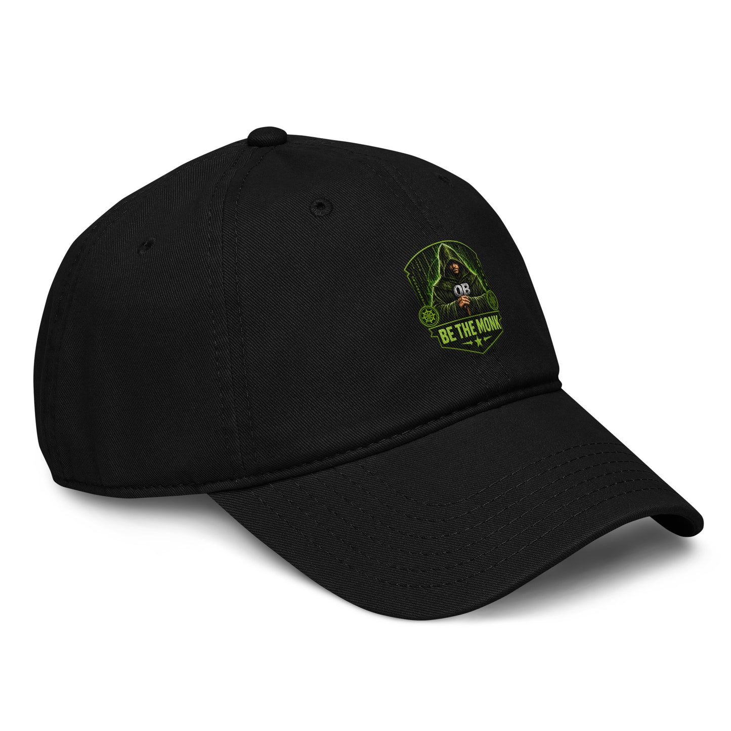 OBD Be The Monk washed baseball cap by OB DANGEROUS, black with embroidered logo, front view showing curved brim and adjustable strap