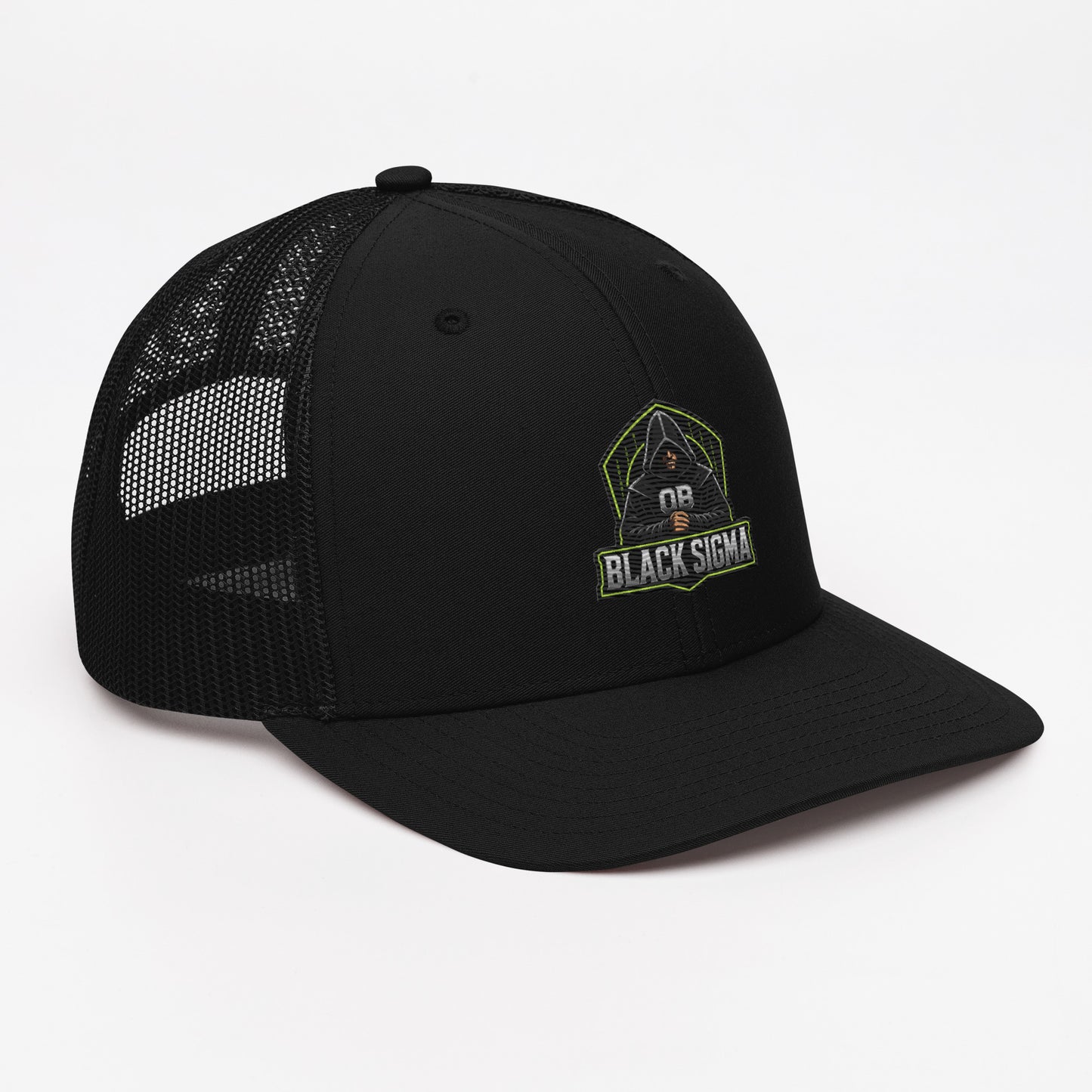 Black Sigma OBD Dangerous embroidered snapback trucker cap from the right front view, showcasing bold embroidery design.
