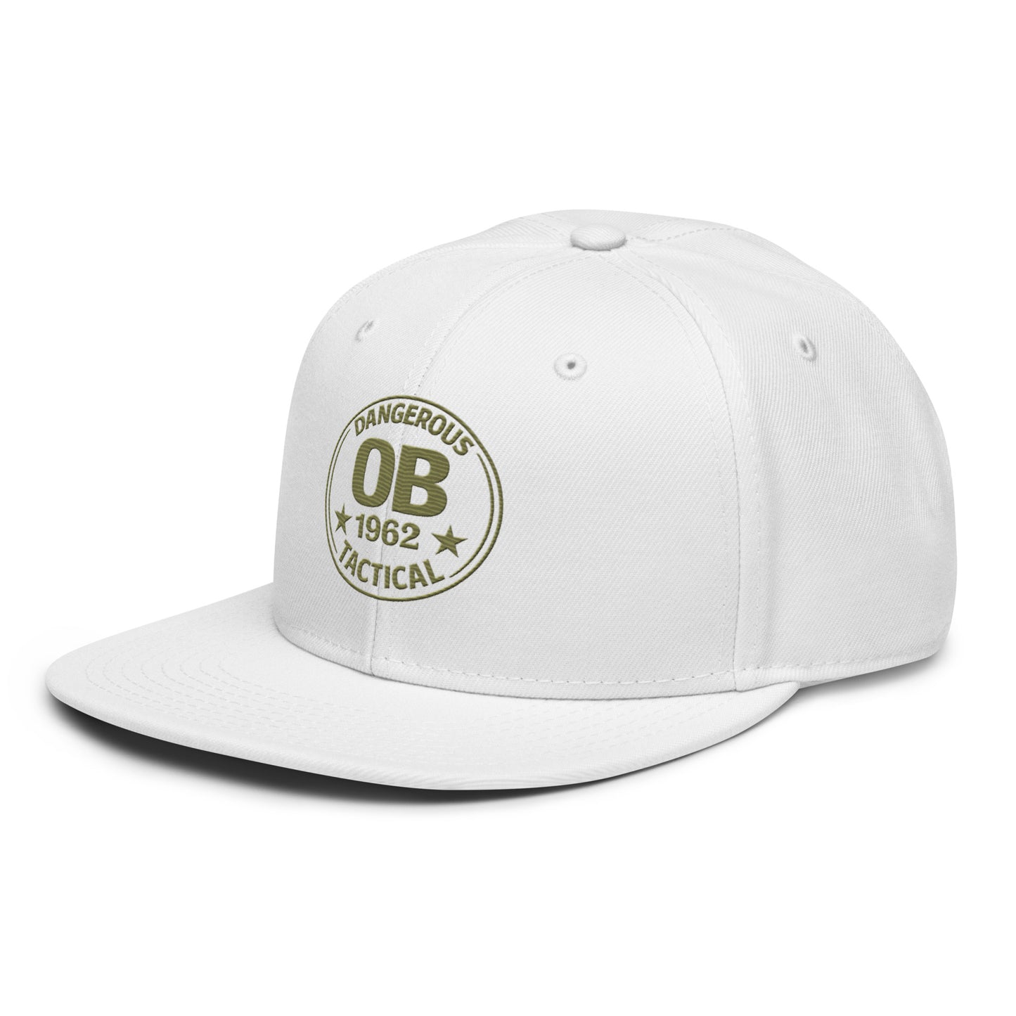 White embroidered snapback hat by OB DANGEROUS with front logo design, suitable for gym and streetwear styles.