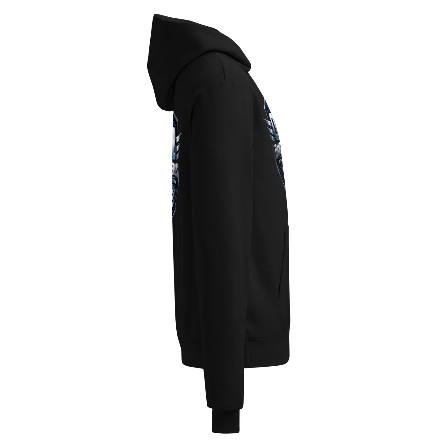 Black unisex Champion hoodie from OB DANGEROUS Tactical Fitness Division, featuring a comfortable fit and brand logo on the front.