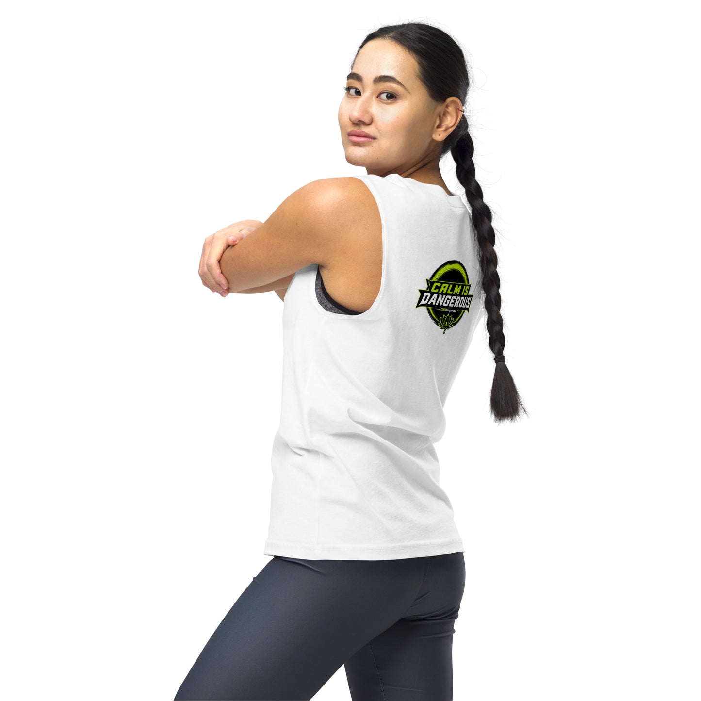 White OBD Tao Calm Muscle T-Shirt for men and women, featuring a back and left side view, designed for gym and streetwear.