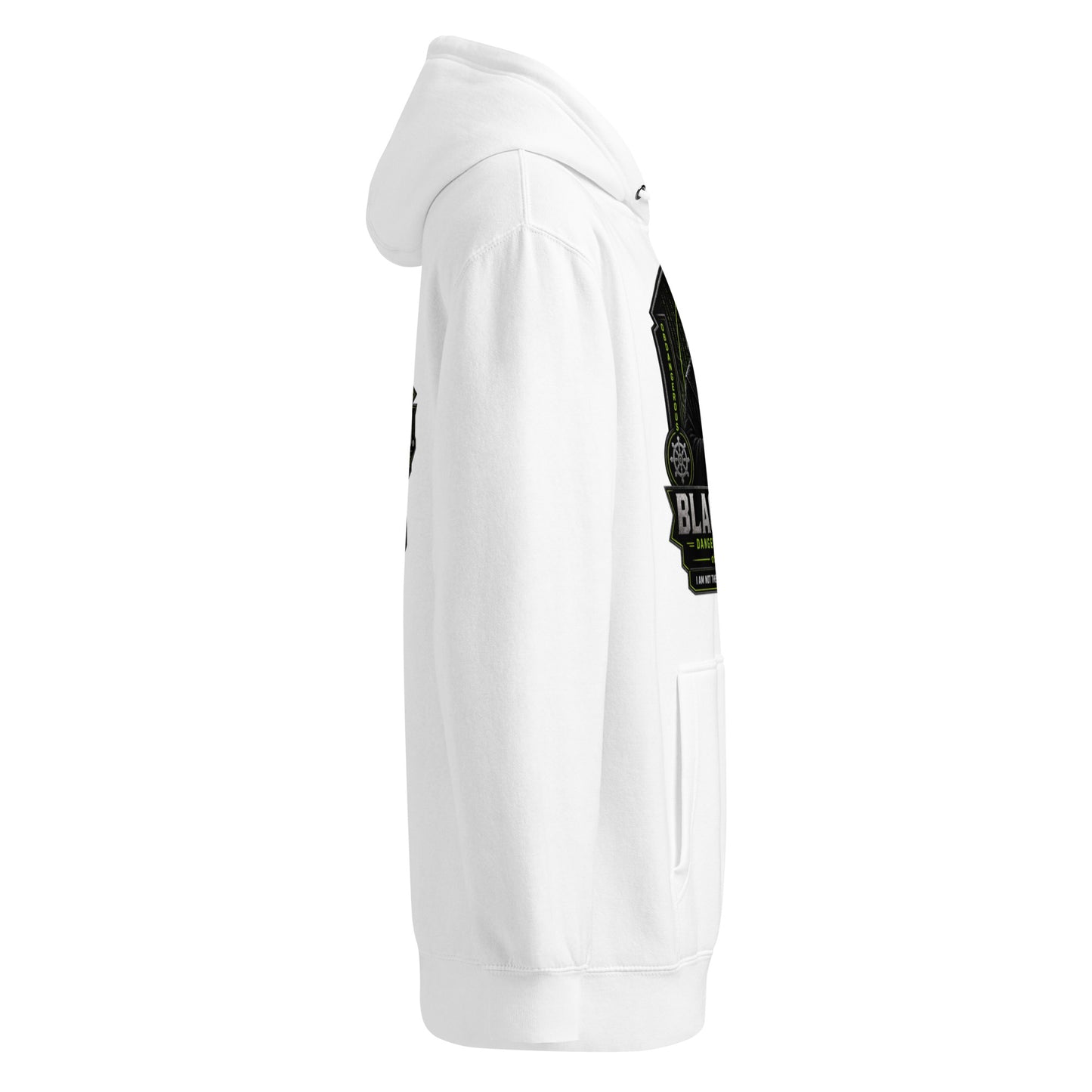 Black Sigma Never Too Old unisex premium mid-weight hoodie, shown in white with a right side view, designed for gym and street wear.