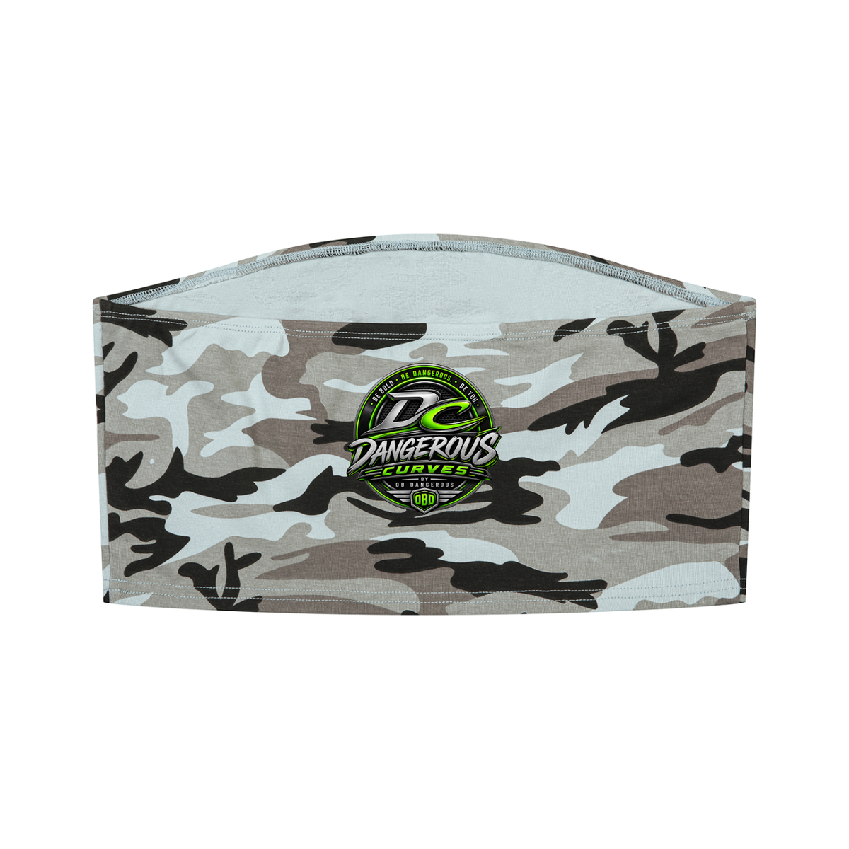 ODMPOD Dangerous Curves women's camo cropped tube top, fitted sleeveless shirt with a bold camouflage pattern.