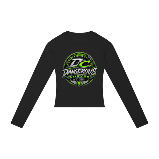 ODMPOD Dangerous Curves women's slim raglan long sleeve T-shirt showing black and white color contrast and fitted style.
