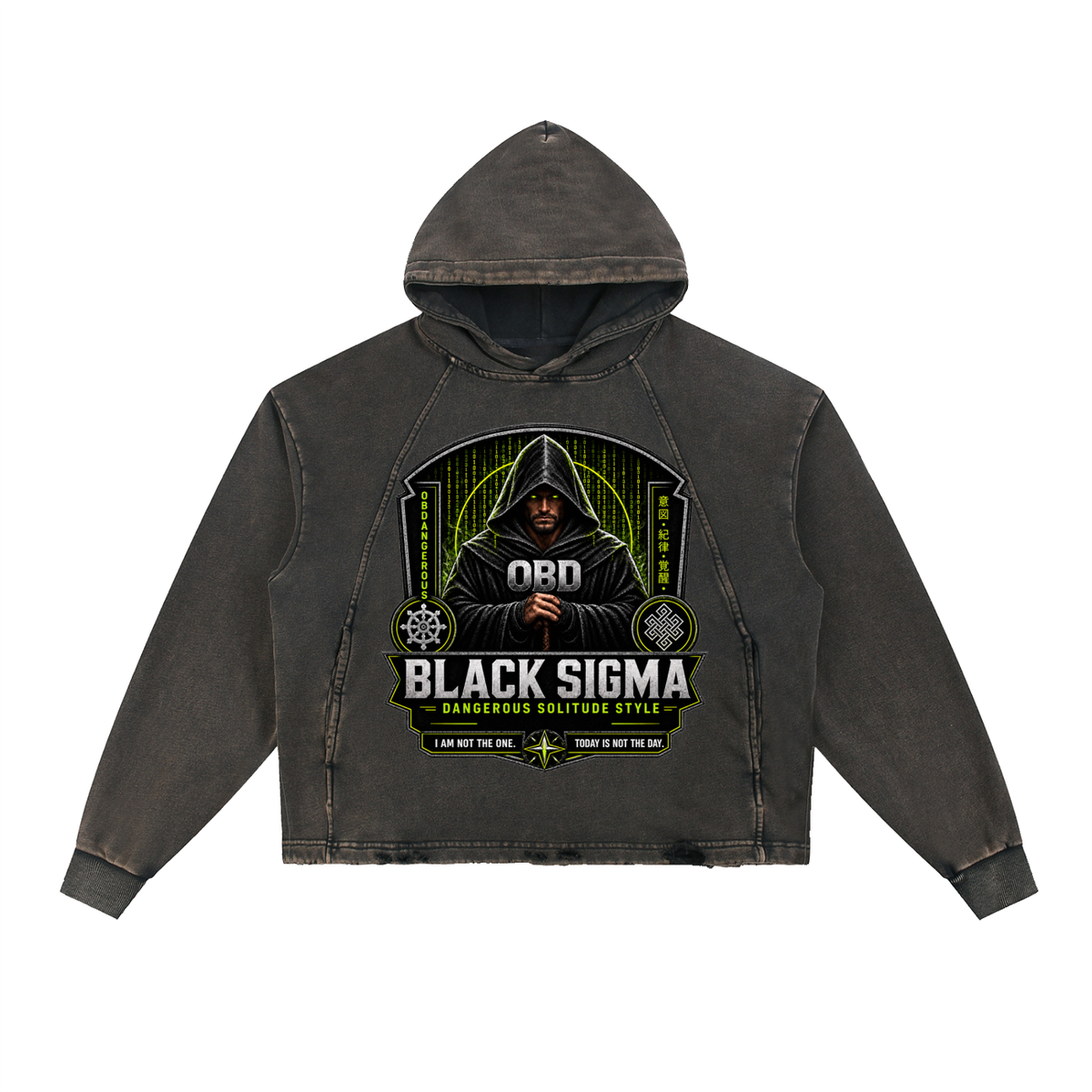 Black Sigma Vintage Washed Frayed-Hem Hoodie