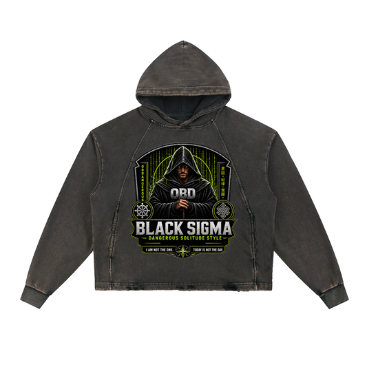 Black Sigma Vintage Washed Frayed-Hem Hoodie