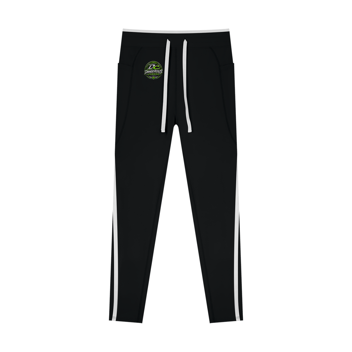 ODMPOD Dangerous Curves women’s color block yoga leggings with vibrant patterns and comfortable fit, shown on a model.