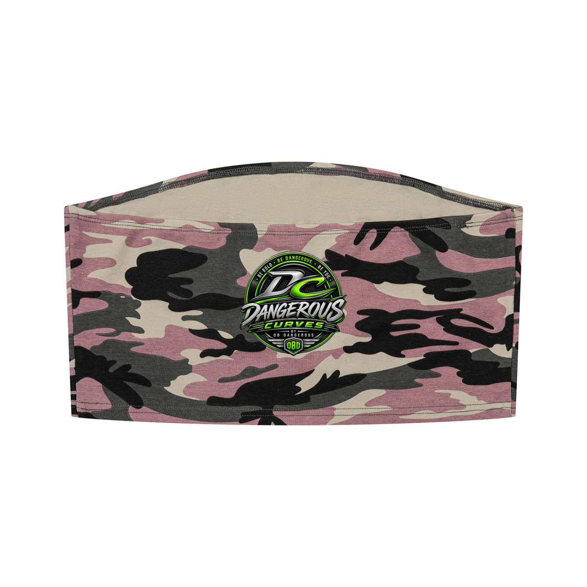 ODMPOD Dangerous Curves women's camo cropped tube top with a fitted, stylish design and camouflage pattern.