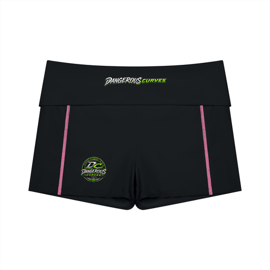 ODMPOD Dangerous Curves women's high-waisted yoga biker shorts, black, stretchy fabric, close-up view of the waistband and fit