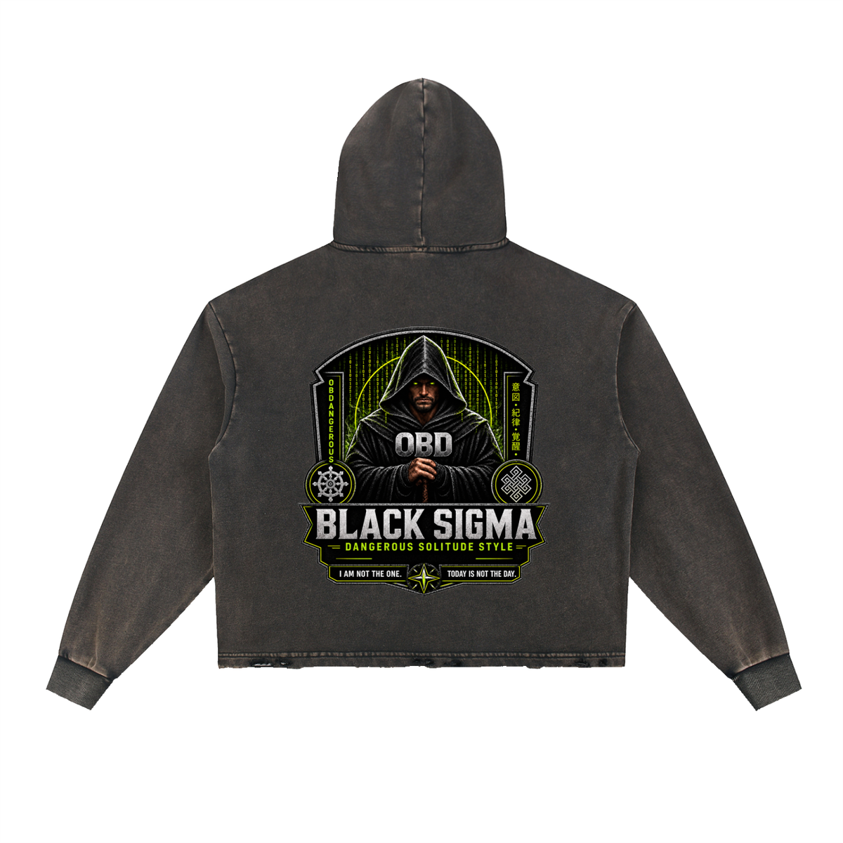 Black Sigma Vintage Washed Frayed-Hem Hoodie