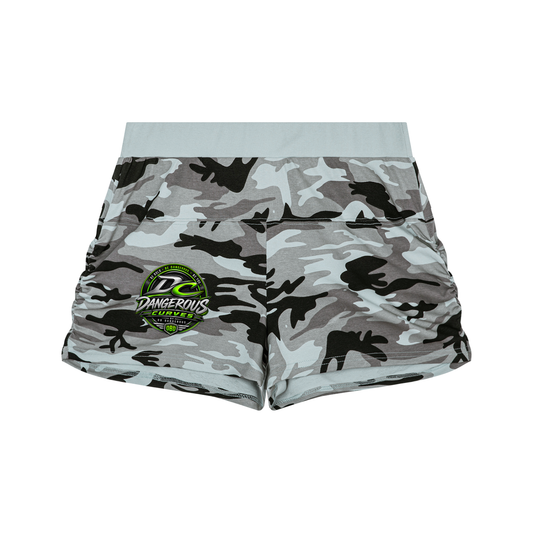 Dangerous Curves Women's Slim Camo Shorts by ODMPOD, featuring a fitted design with a stylish camouflage pattern.