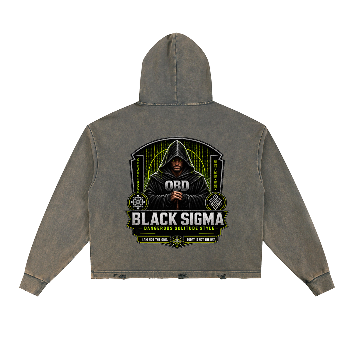 Black Sigma Vintage Washed Frayed-Hem Hoodie