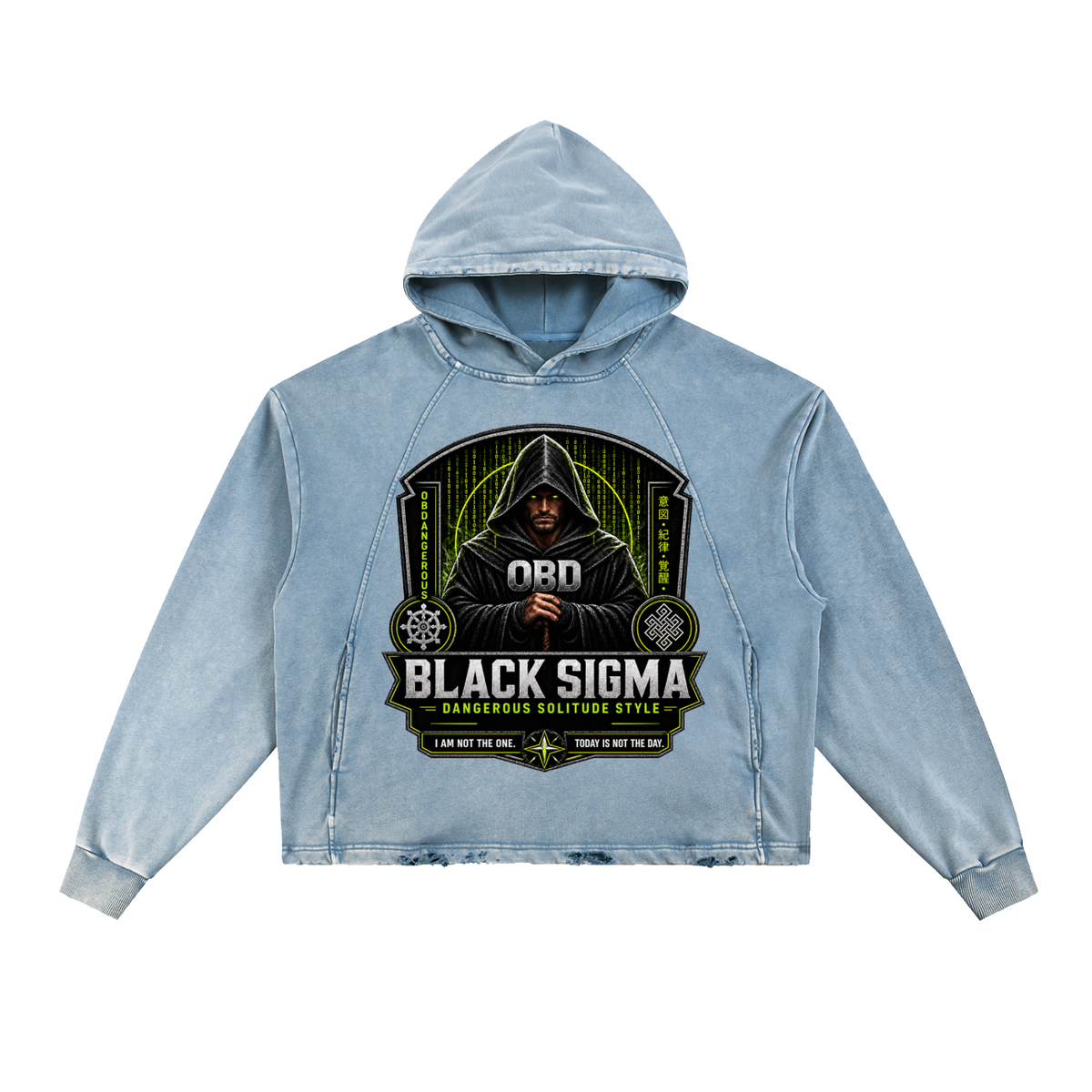 Black Sigma Vintage Washed Frayed-Hem Hoodie