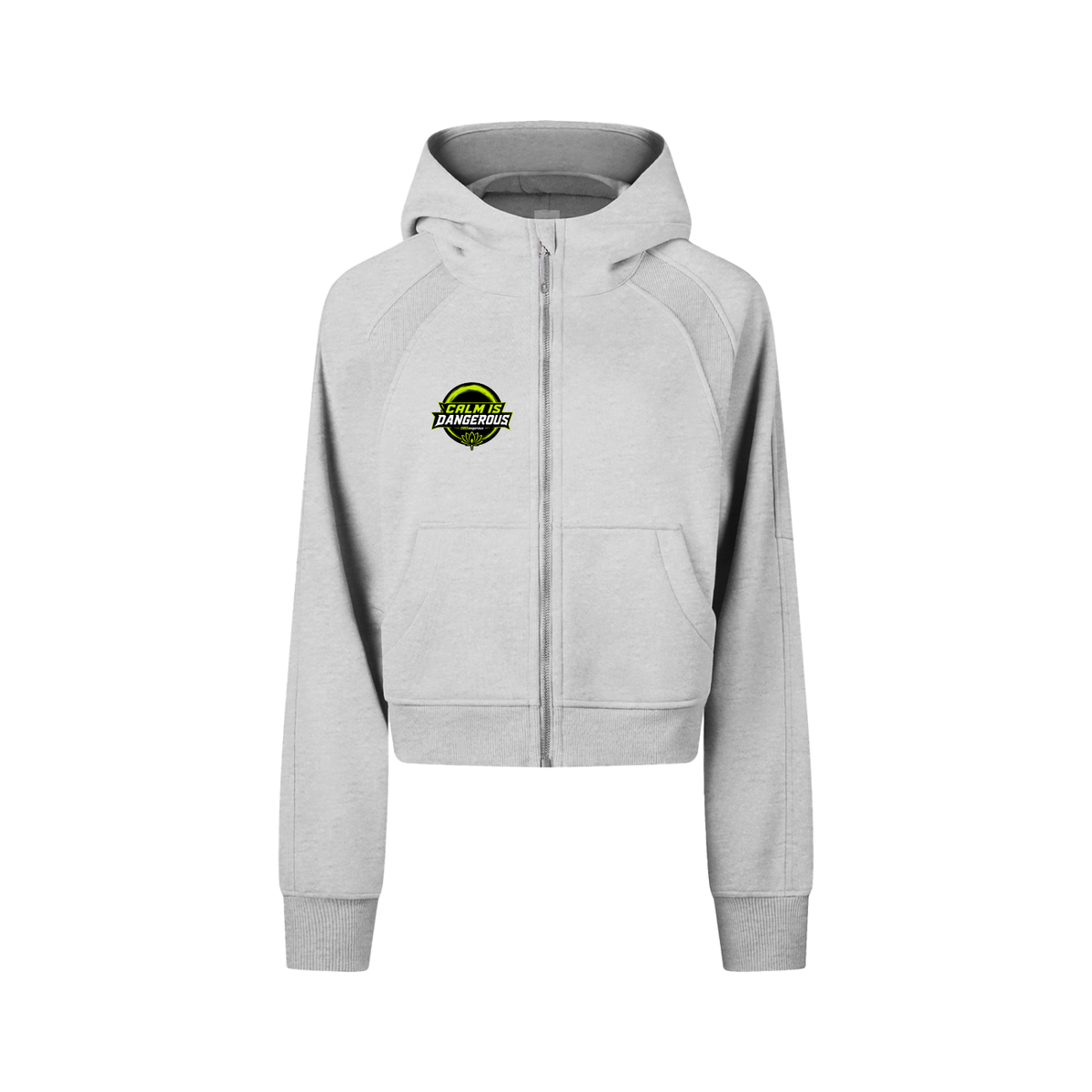 ODMPOD Calm Is Dangerous cropped zip-through hoodie with front pockets and drawstring hood, in black fabric.