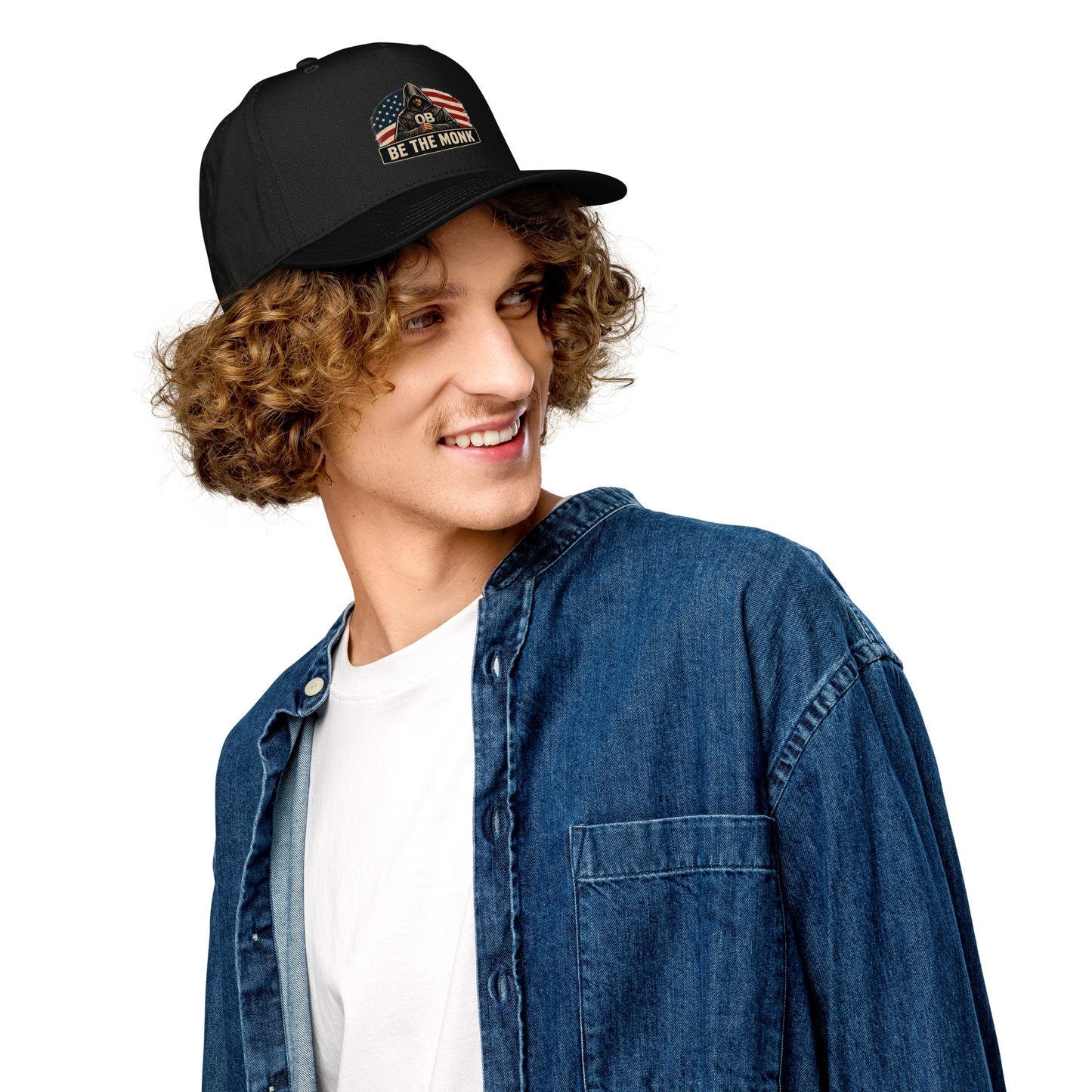 Black OB DANGEROUS Be the Monk OBDangerous 5-panel cap with curved brim, worn on a person's head, showcasing stylish streetwear style.