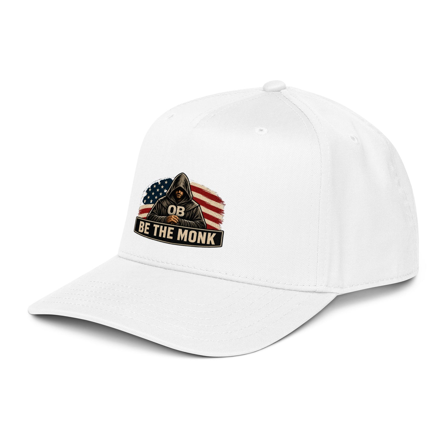 OB DANGEROUS Be the Monk OBDangerous 5-panel white baseball cap, mid-profile hat with front panel detail.