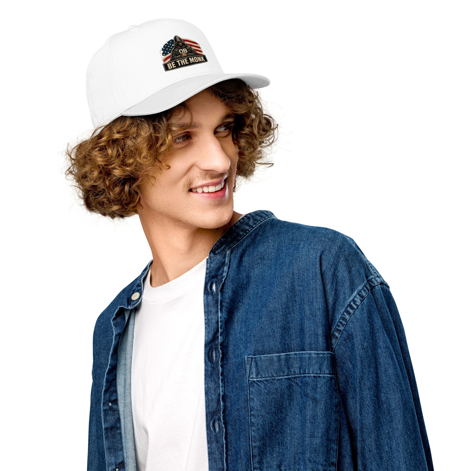 Be the Monk OBDangerous 5-panel white baseball cap with front and side view, designed for gym and street wear.