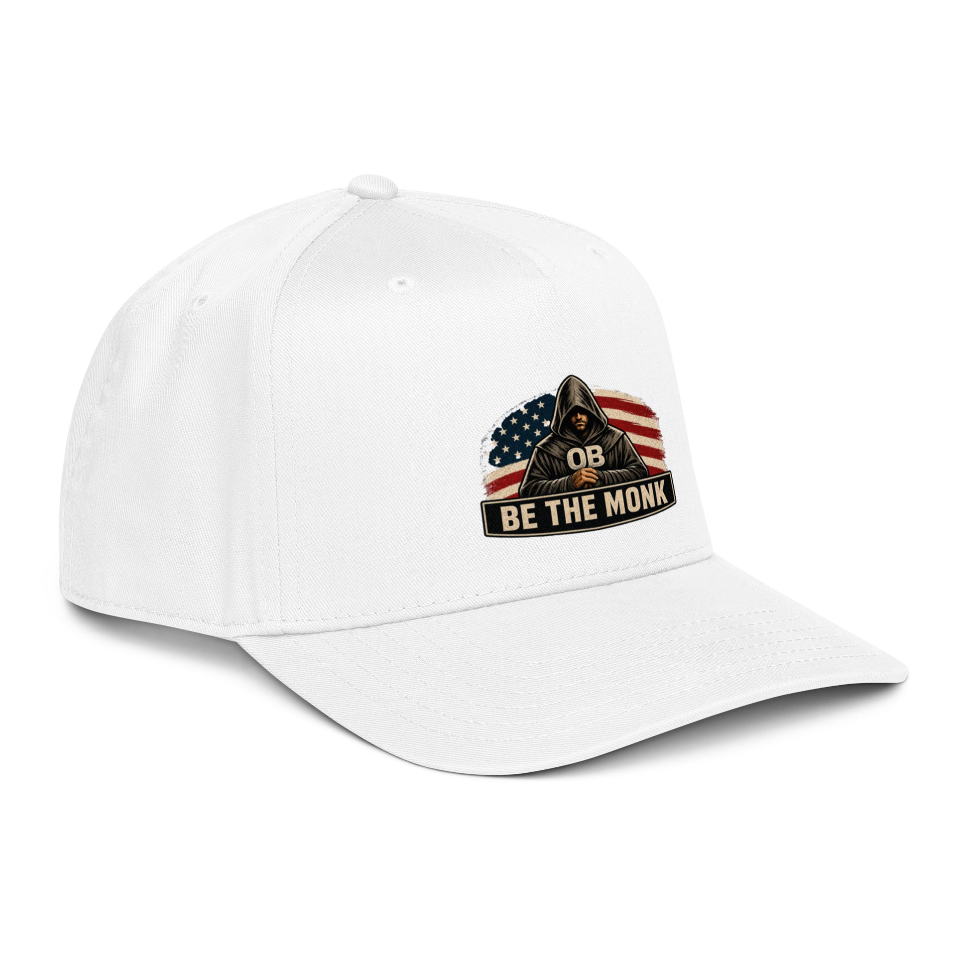White Be the Monk OBDangerous 5-panel baseball cap with front logo, designed for gym, street, and casual wear.