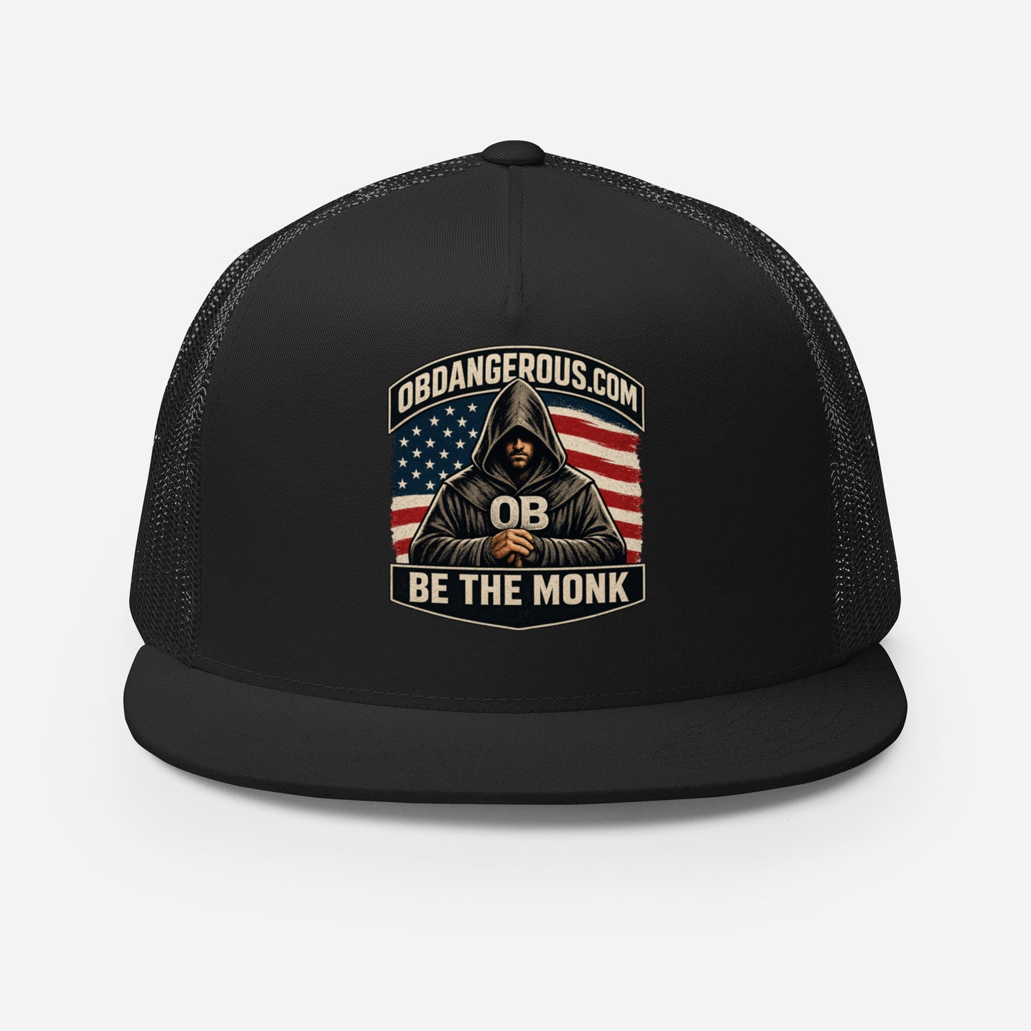 Black embroidered Be The Monk trucker cap by OB DANGEROUS, featuring a classic 5-panel design for gym, street, and casual wear.