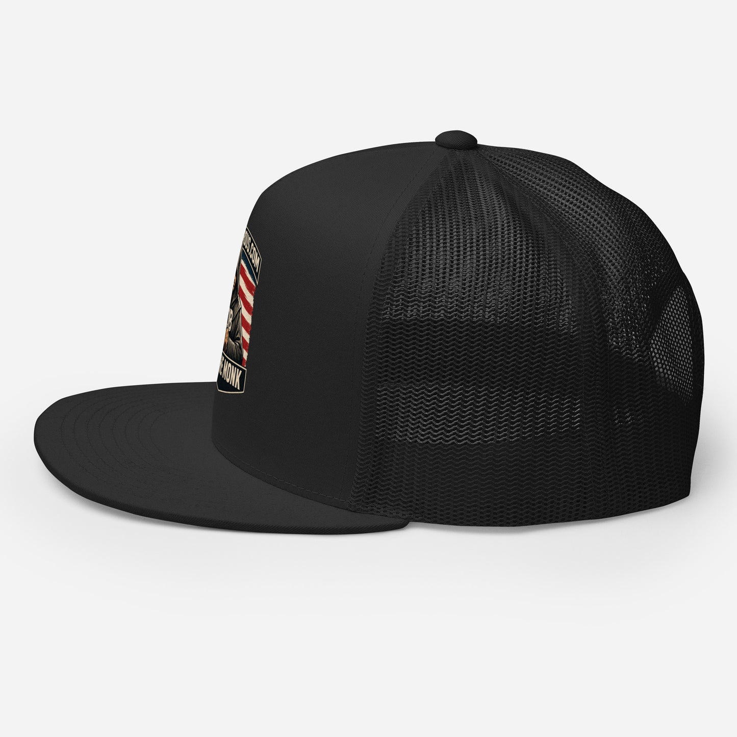 Black OB DANGEROUS Be The Monk embroidered trucker cap with 5-panel design, suitable for gym, street, and casual wear.