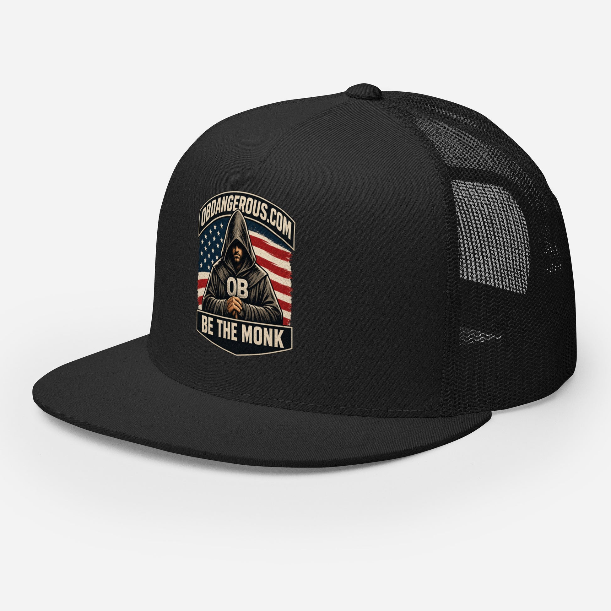 Black OB DANGEROUS Be The Monk embroidered 5-panel trucker cap with front embroidery, suitable for gym and street wear.