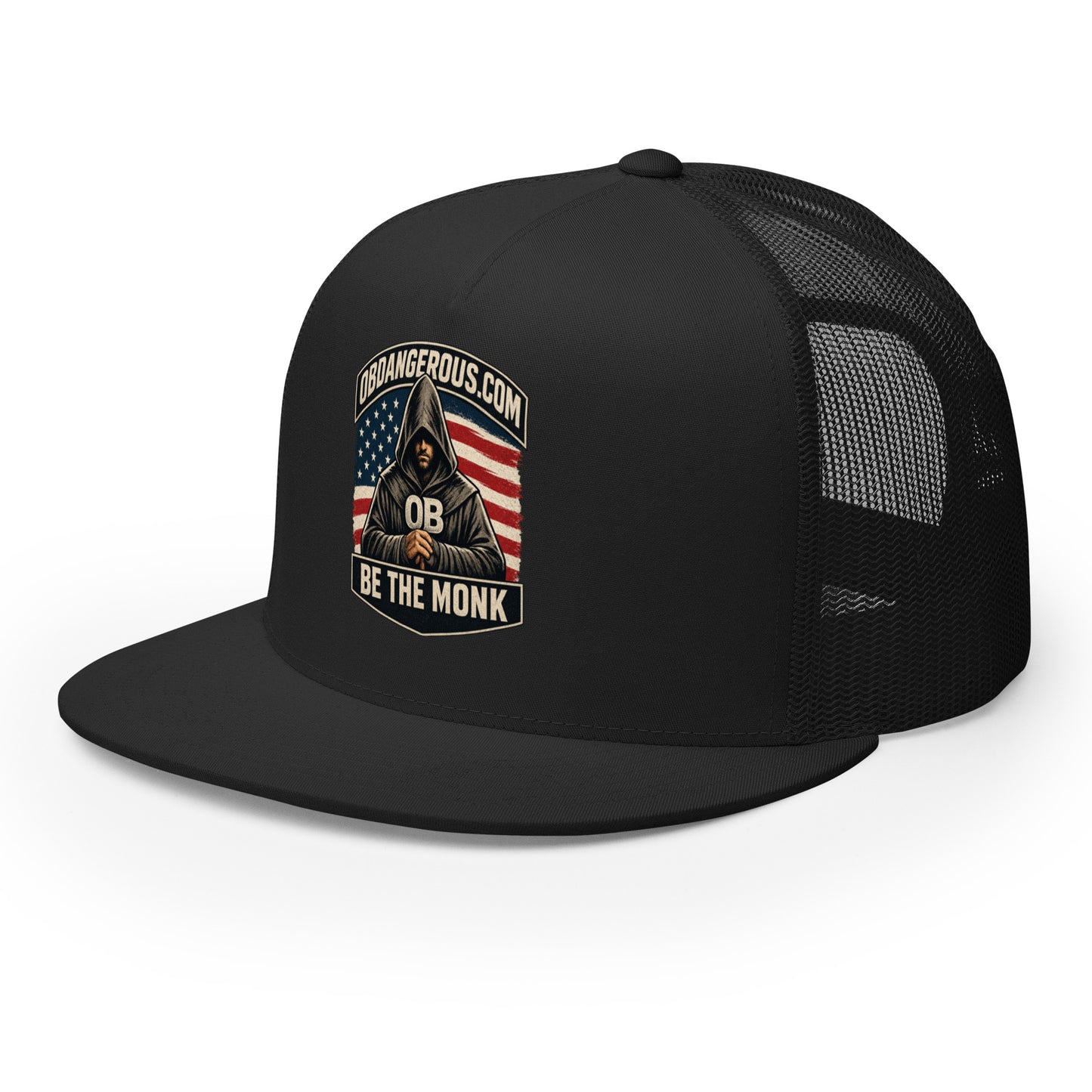 Black embroidered Be The Monk trucker cap by OB DANGEROUS, featuring a 5-panel design, suitable for gym, street, and casual wear.