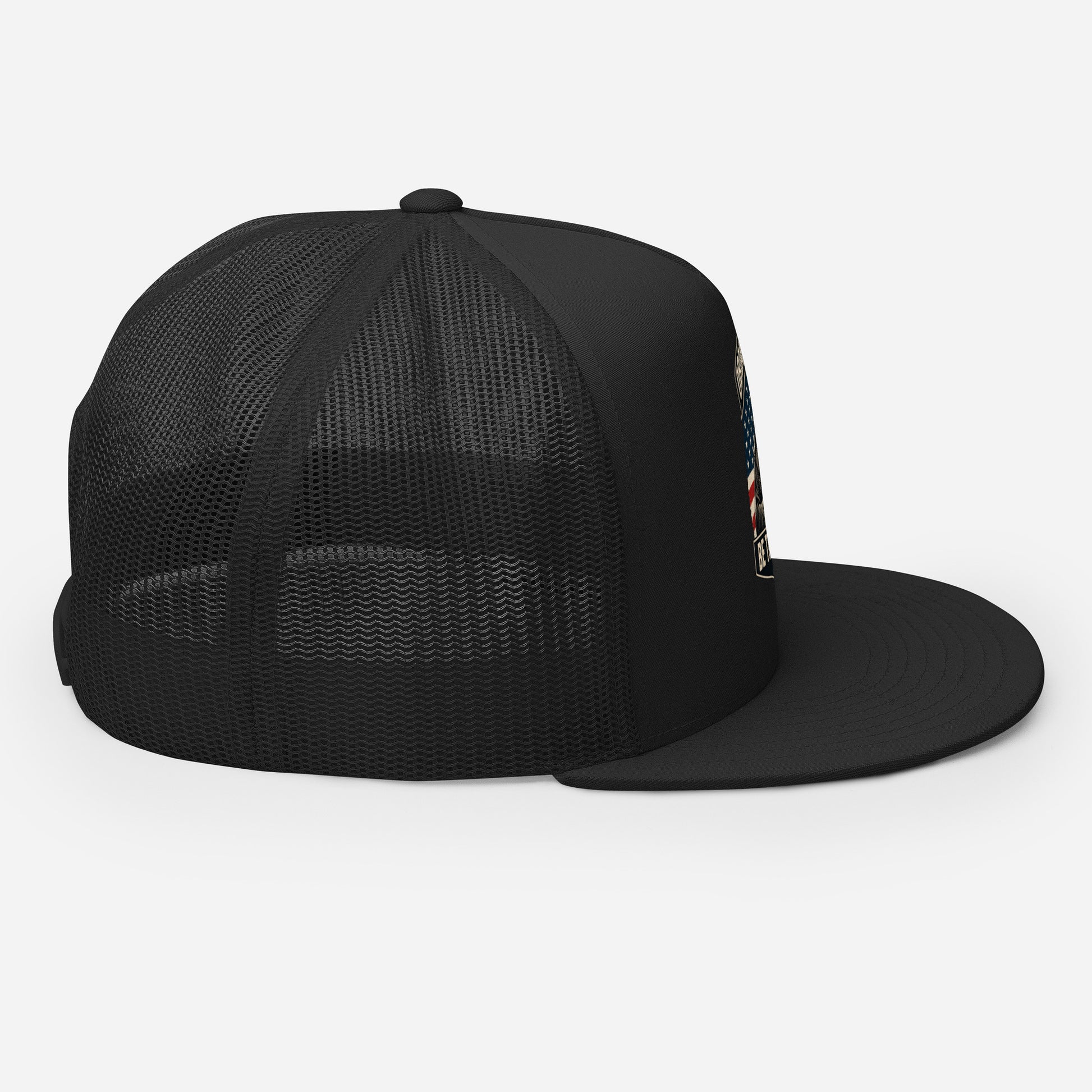 Black Be The Monk embroidered trucker cap by OB DANGEROUS, featuring a classic 5-panel design for gym, street, and casual wear.