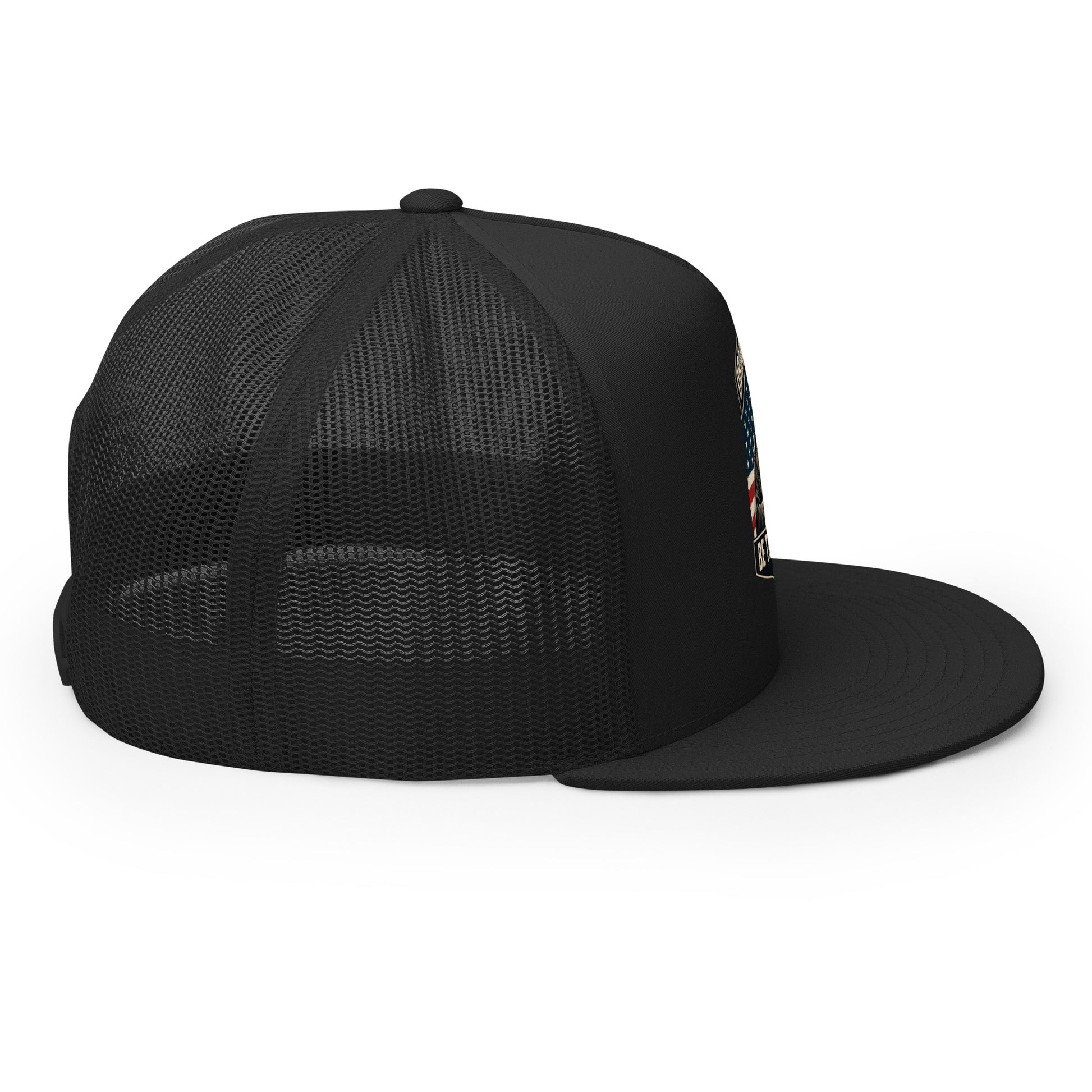 Black OB Dangerous Be The Monk embroidered 5-panel trucker cap, stylish and versatile for gym, street, and casual wear.