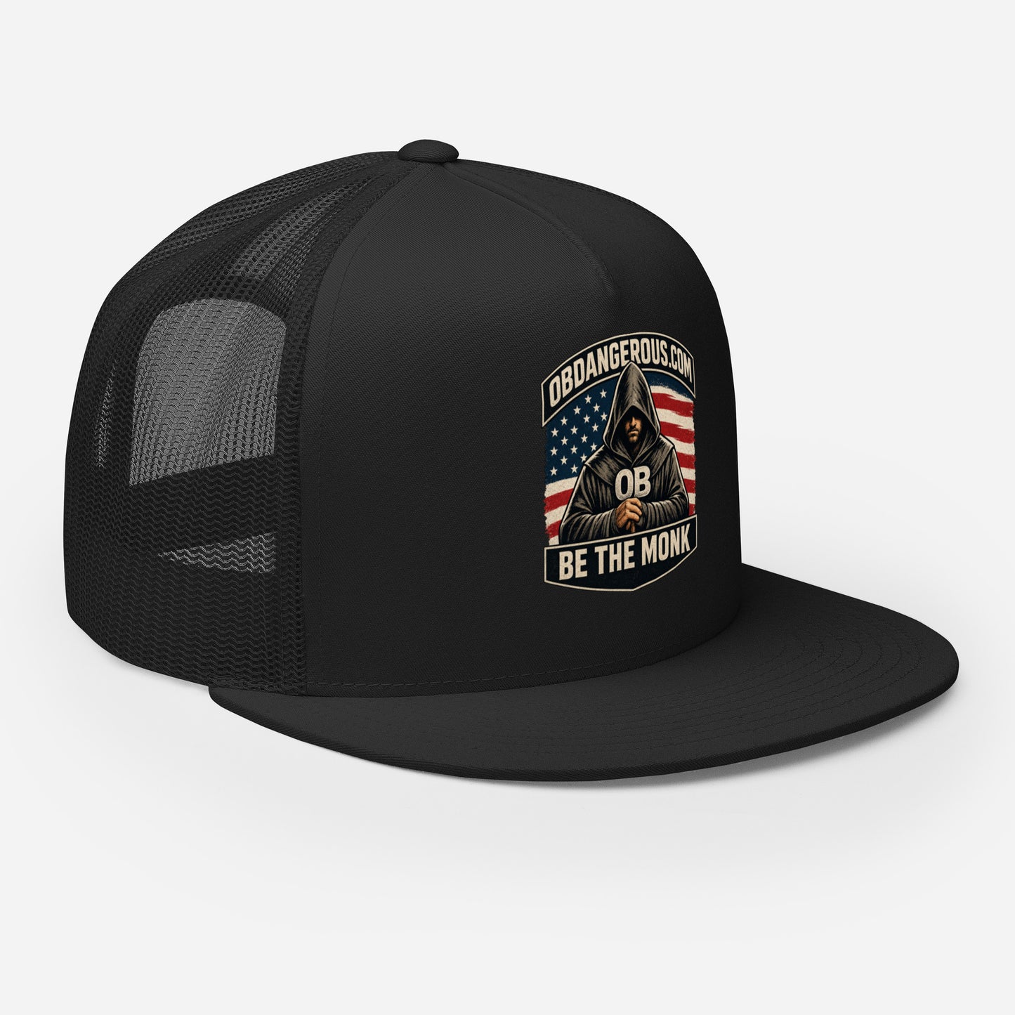 Black Be The Monk embroidered trucker cap by OB DANGEROUS, featuring a 5-panel design and curved brim for gym and street wear.