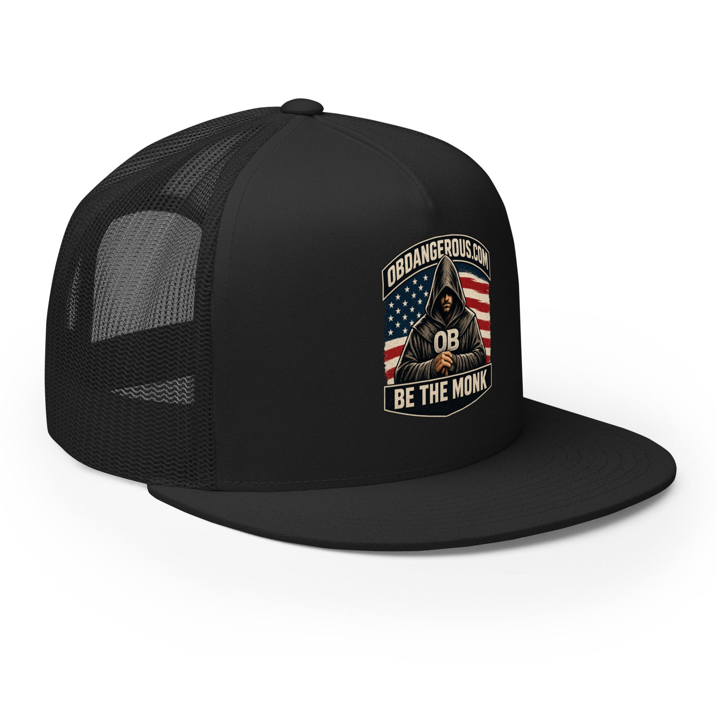 Black OB DANGEROUS Be The Monk embroidered trucker cap with a 5-panel design, right-front view, suitable for gym and streetwear styles.