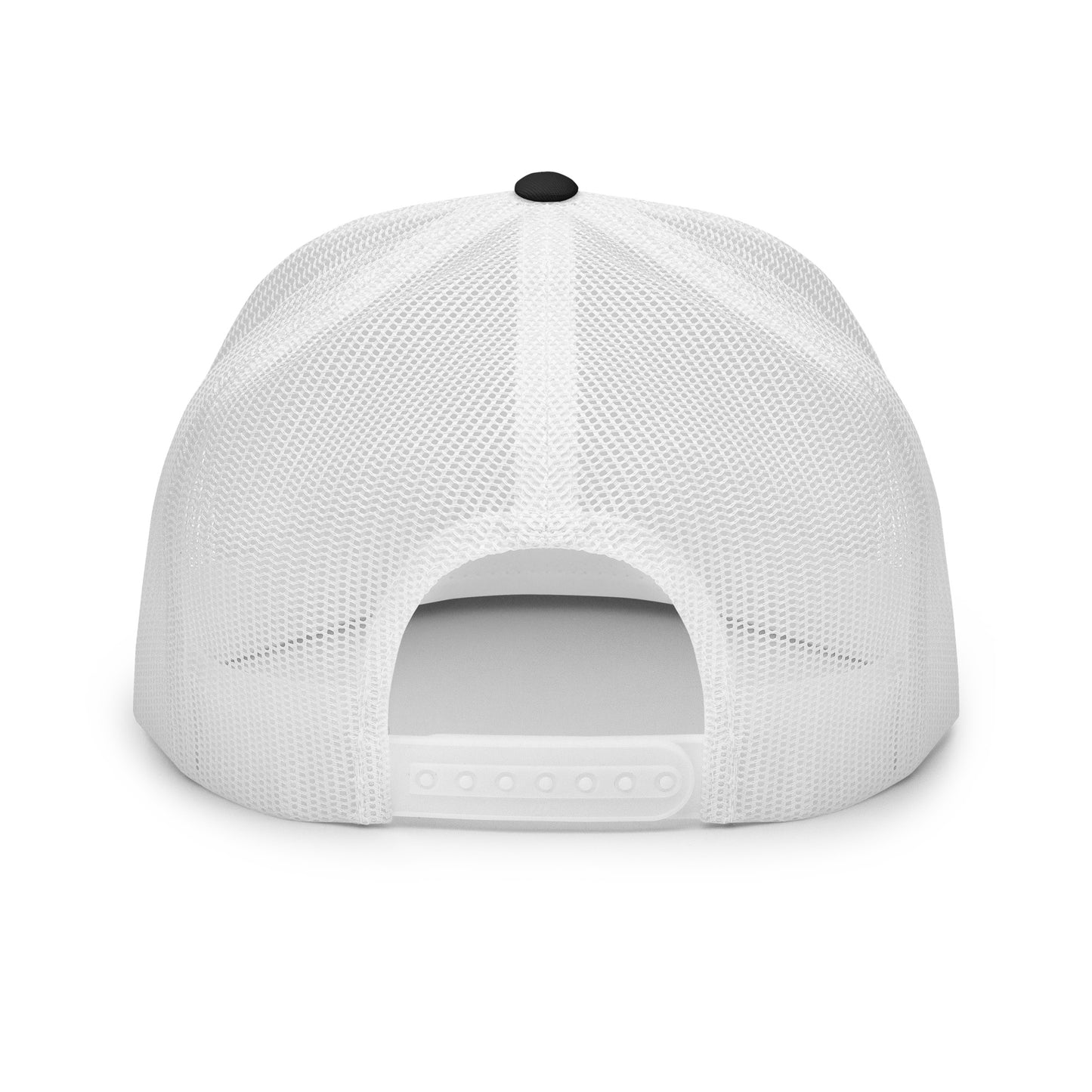 Black and white embroidered Be The Monk trucker cap by OB DANGEROUS, featuring a 5-panel design for gym and streetwear styles.