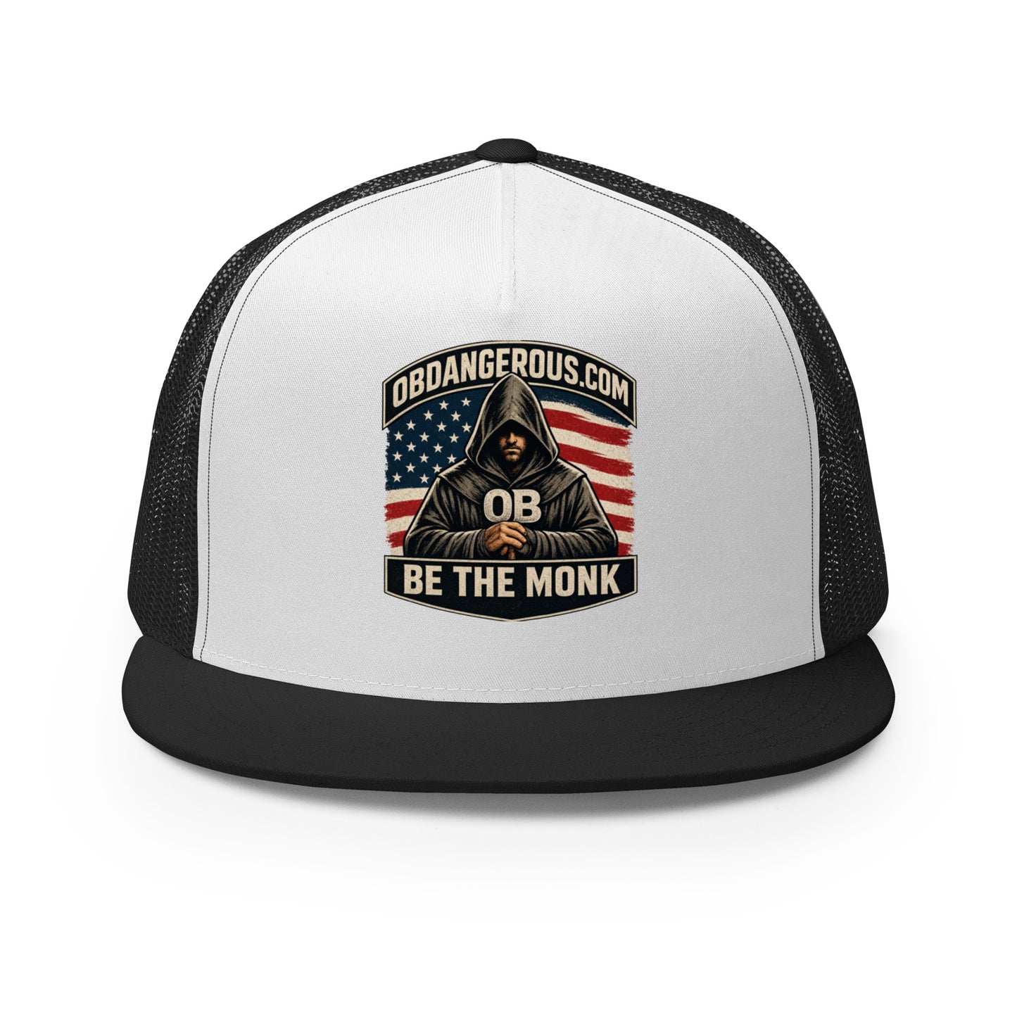 Black and white embroidered Be The Monk trucker cap by OB DANGEROUS with 5-panel design, suitable for gym and streetwear.