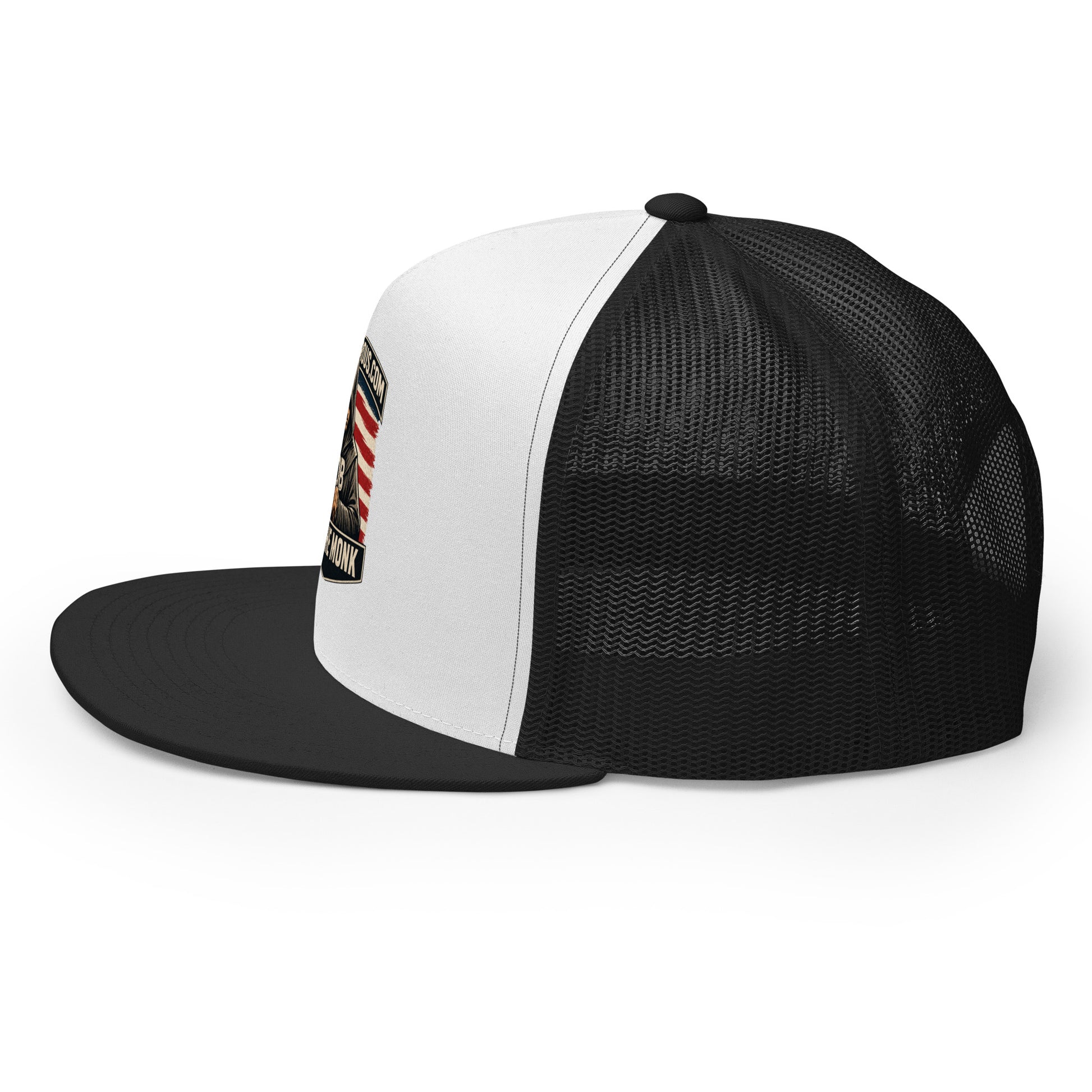 Black and white embroidered Be The Monk trucker cap by OB DANGEROUS, featuring a 5-panel design for gym, street, and casual wear.