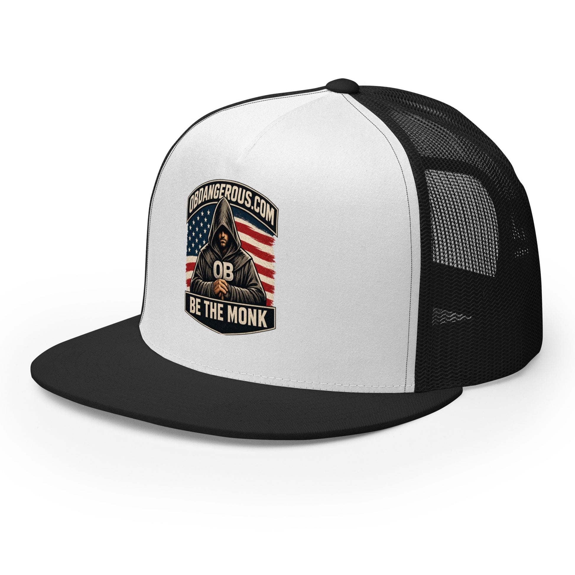 Black and white embroidered Be The Monk trucker cap by OB DANGEROUS, featuring a 5-panel design and adjustable front.