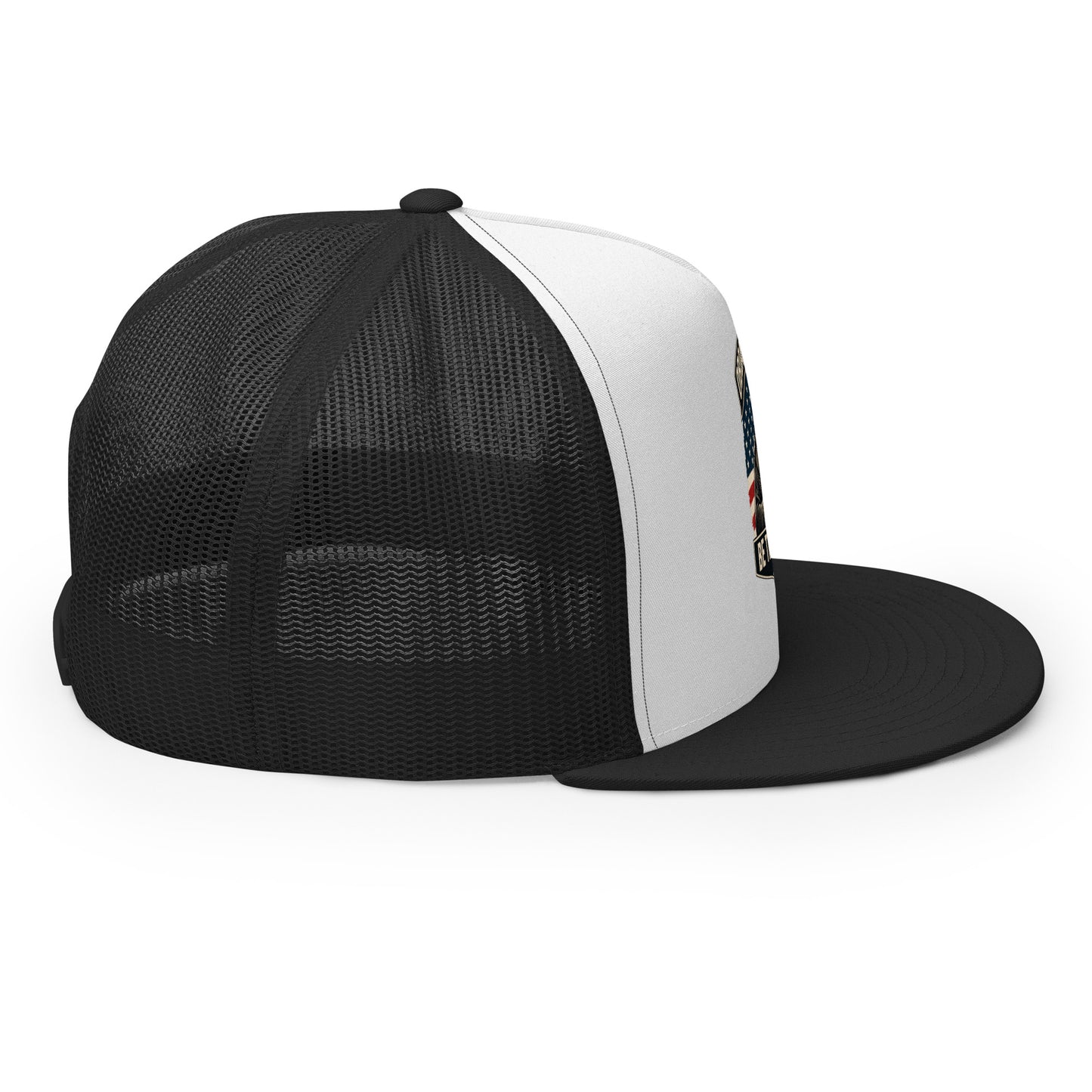 Black and white embroidered Be The Monk trucker cap by OB DANGEROUS, 5-panel design, perfect for gym and streetwear style.