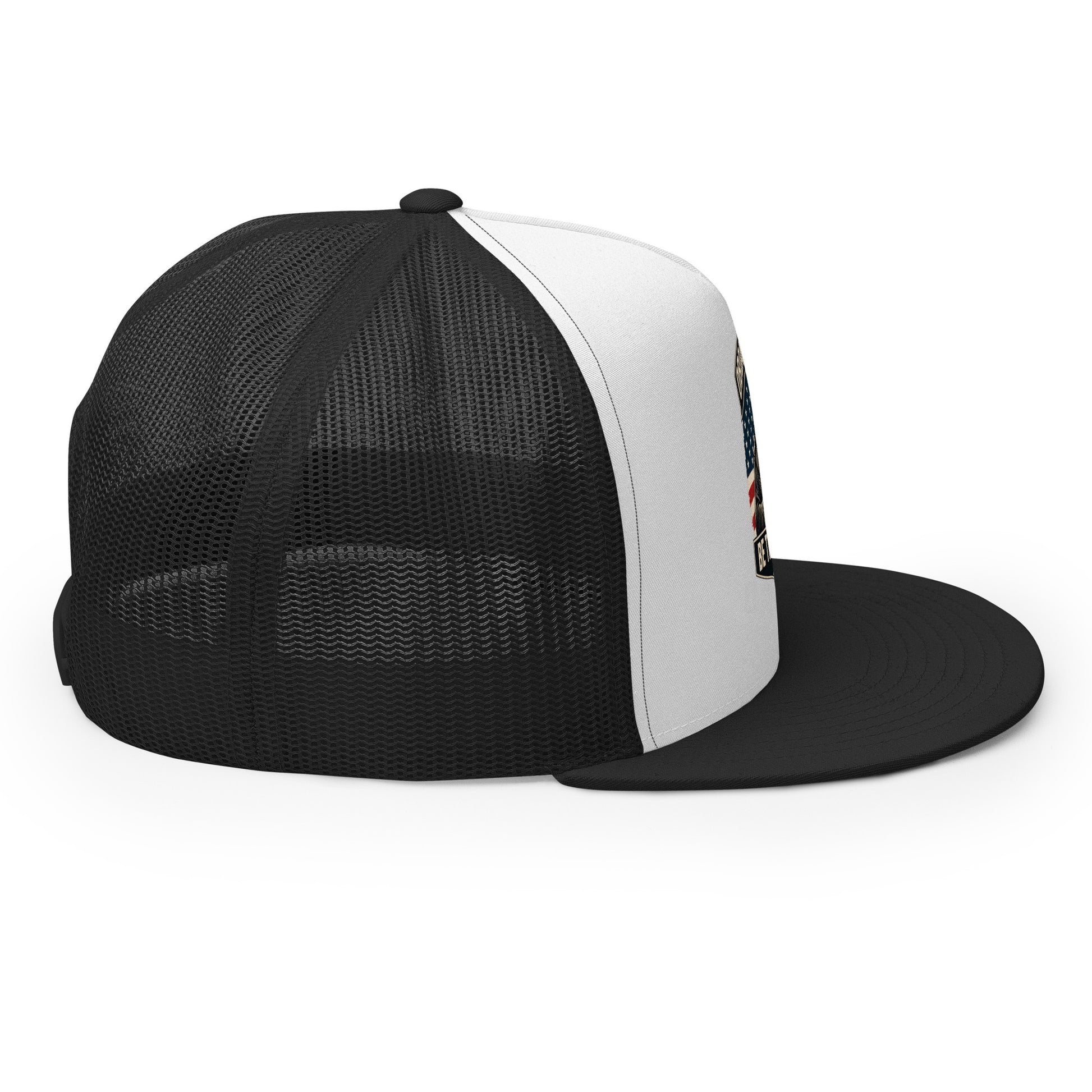 Black and white embroidered Be The Monk trucker cap by OB DANGEROUS, 5-panel design, perfect for gym and streetwear style.