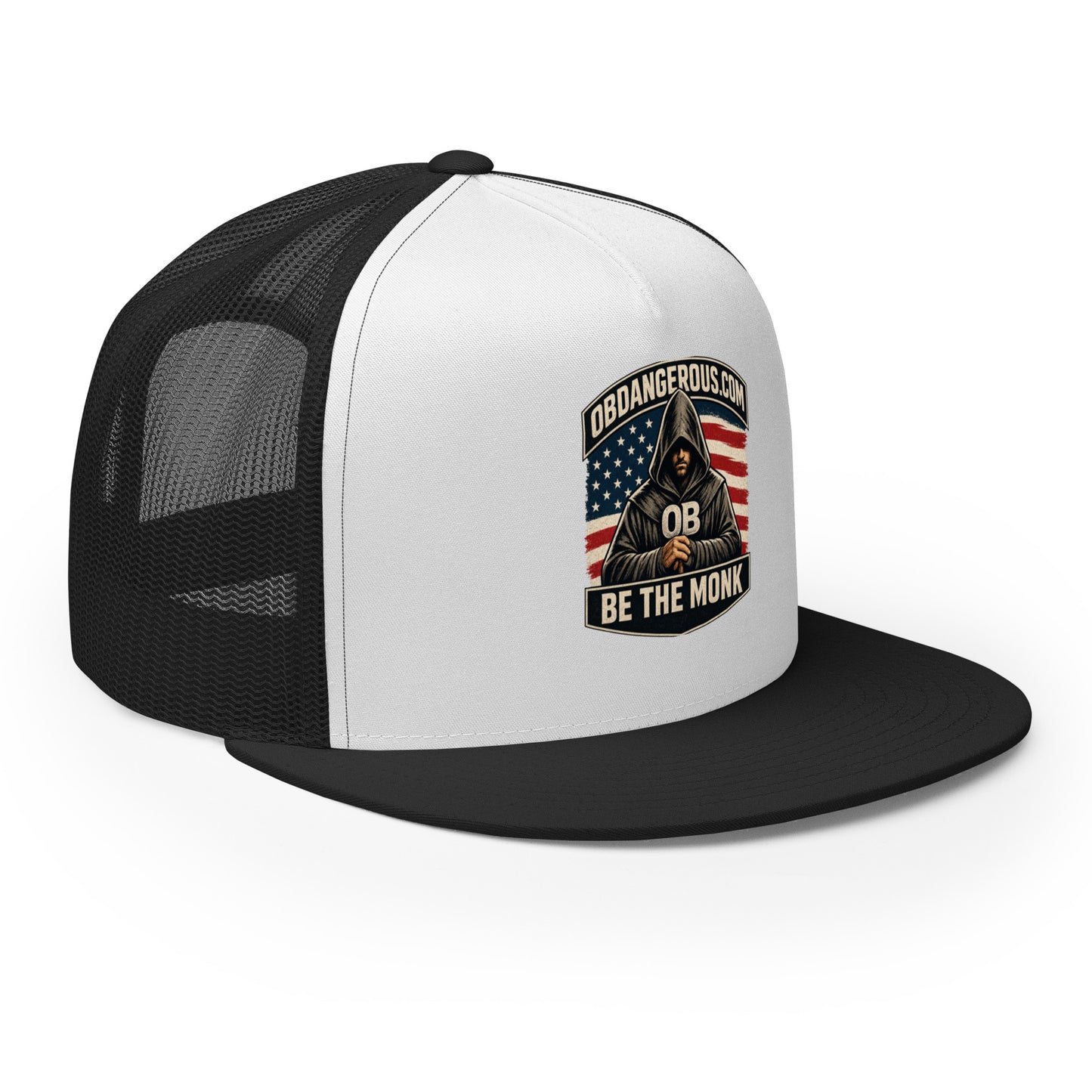 Black and white embroidered Be The Monk trucker cap by OB DANGEROUS, featuring a 5-panel design and adjustable fit.
