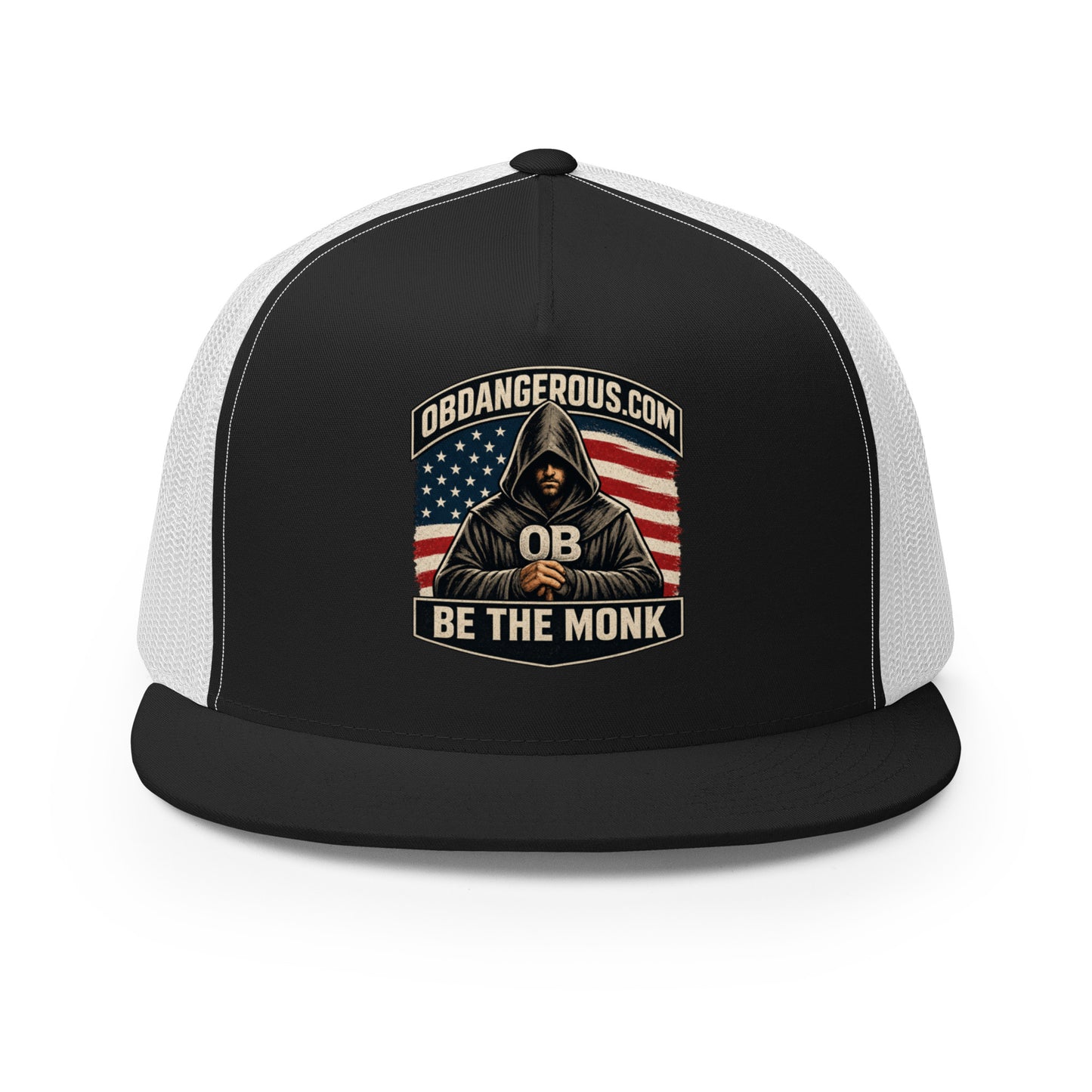 Black and white embroidered Be The Monk trucker cap by OB DANGEROUS, featuring a 5-panel design for gym and streetwear style.