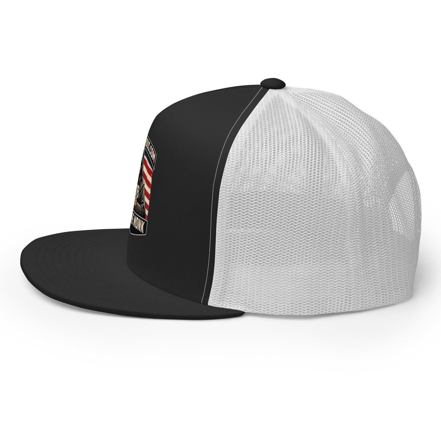 Black and white embroidered Be The Monk trucker cap with a 5-panel design, featuring OB DANGEROUS branding for gym and street wear.