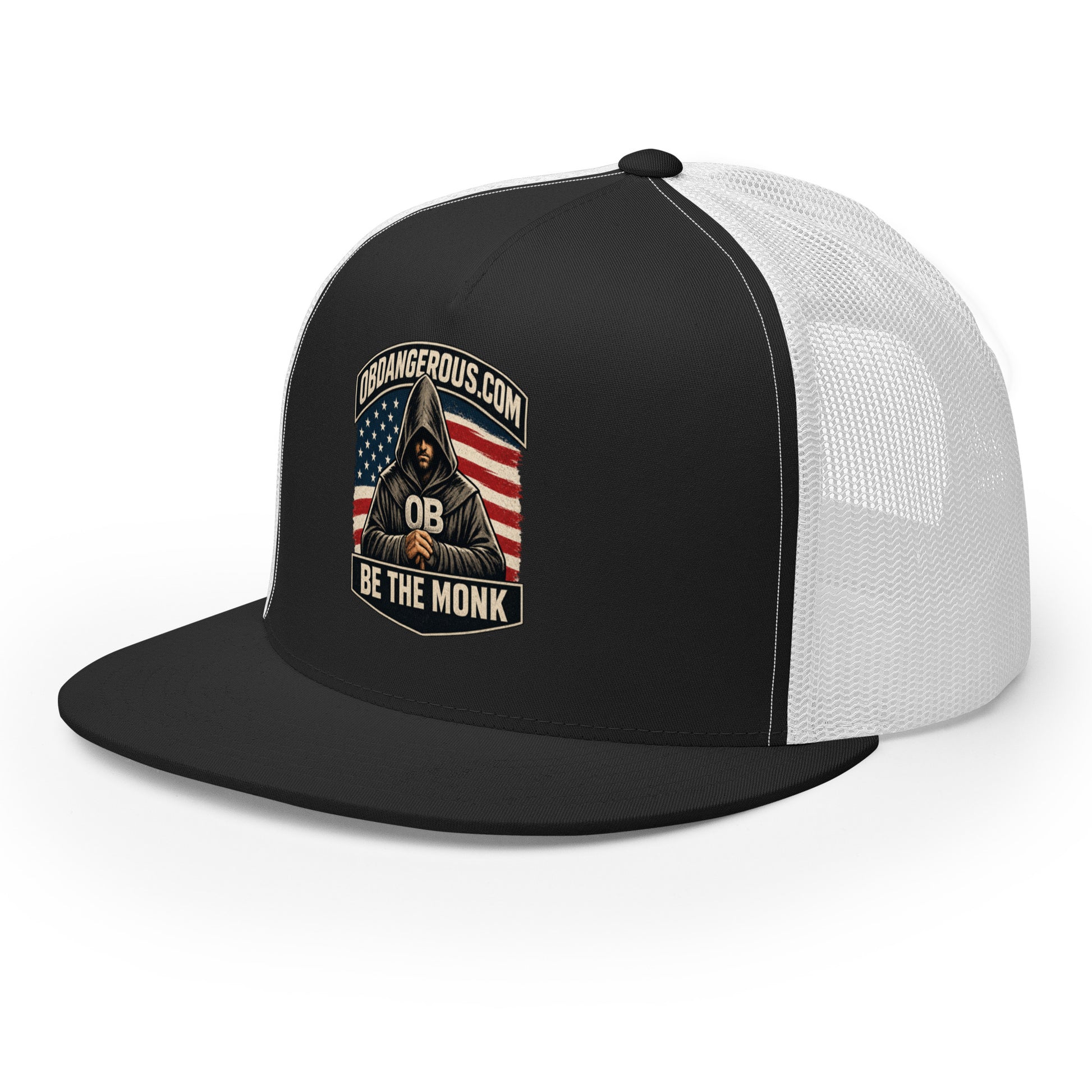Black and white embroidered Be The Monk trucker cap by OB DANGEROUS, featuring a stylish 5-panel design for gym and streetwear.