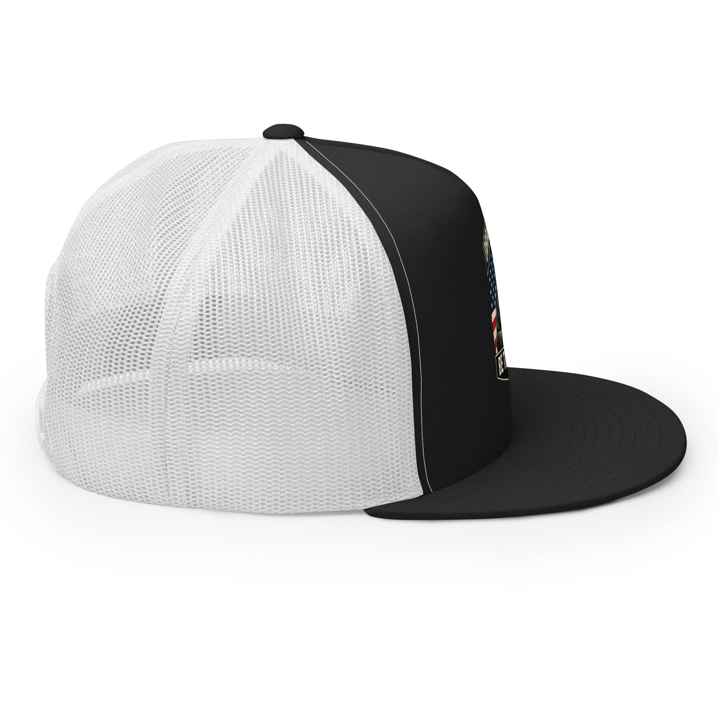 Black and white embroidered Be The Monk trucker cap by OB DANGEROUS, featuring a 5-panel design for gym and street wear.
