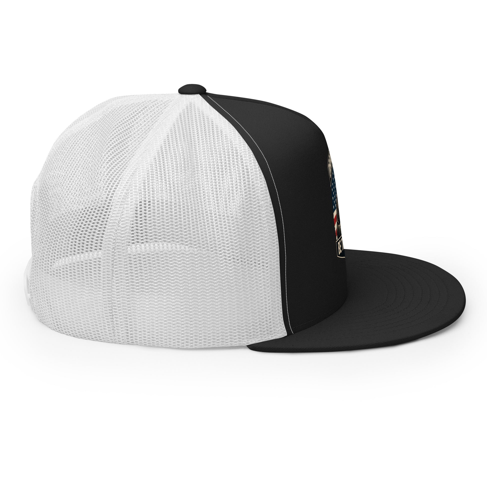 Black and white embroidered Be The Monk trucker cap by OB DANGEROUS, featuring a 5-panel design for gym and street wear.