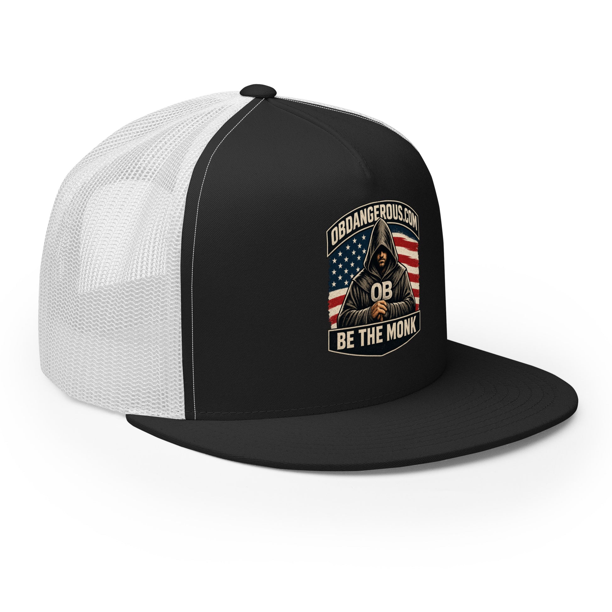 Black and white embroidered Be The Monk trucker cap by OB DANGEROUS, showcasing a 5-panel design on the right front.