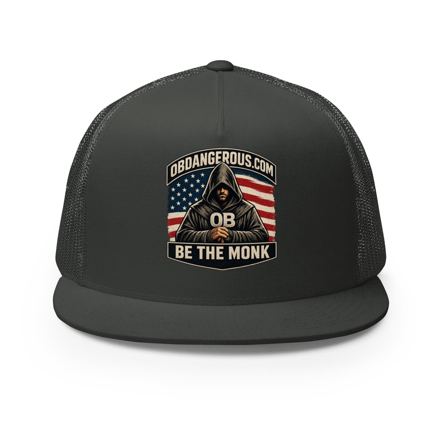 Charcoal Be The Monk embroidered trucker cap by OB DANGEROUS, 5-panel design, suitable for gym, street, and casual wear.