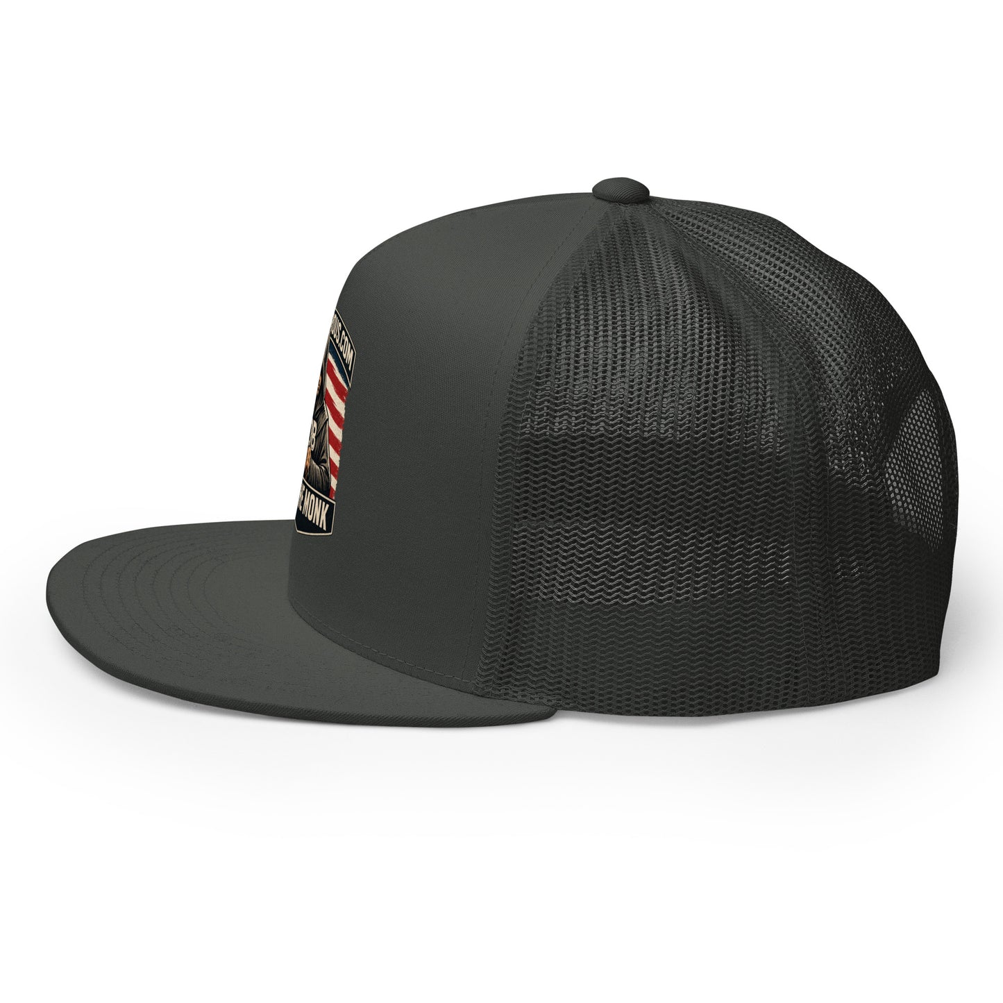 Charcoal Be The Monk embroidered trucker cap by OB DANGEROUS, 5-panel design, suitable for gym and streetwear styles.
