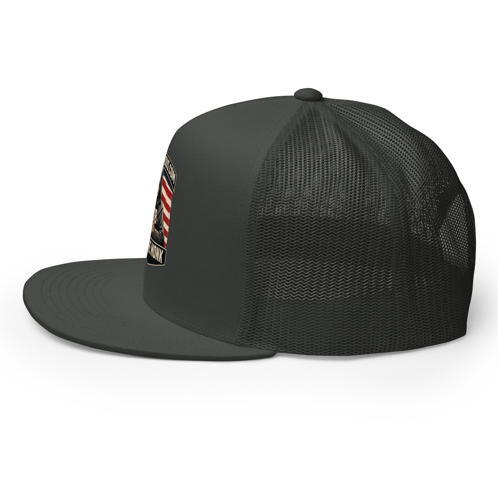 Charcoal Be The Monk embroidered trucker cap by OB DANGEROUS, 5-panel design, suitable for gym and streetwear styles.