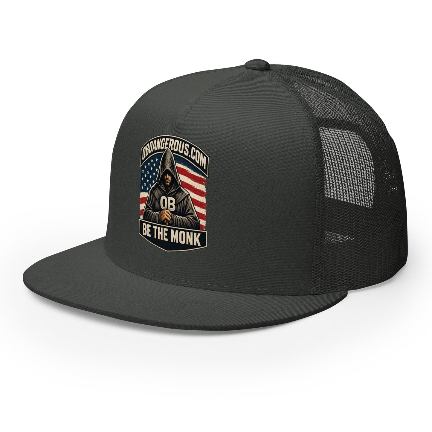 Charcoal Be The Monk embroidered trucker cap by OB DANGEROUS, 5-panel style, front view showcasing detailed embroidery.