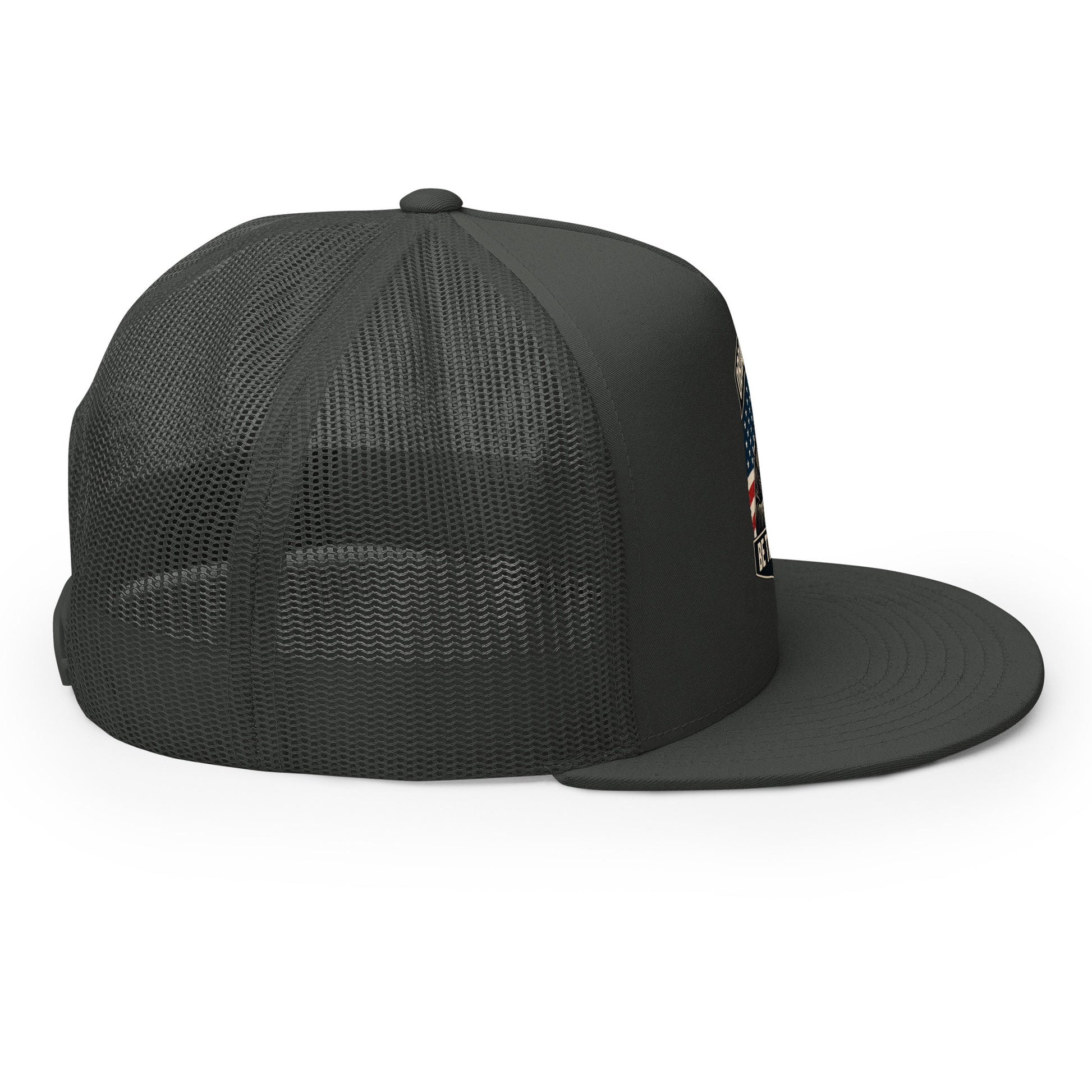 Charcoal Be The Monk embroidered trucker cap by OB DANGEROUS, 5-panel design for gym, street, and casual wear.